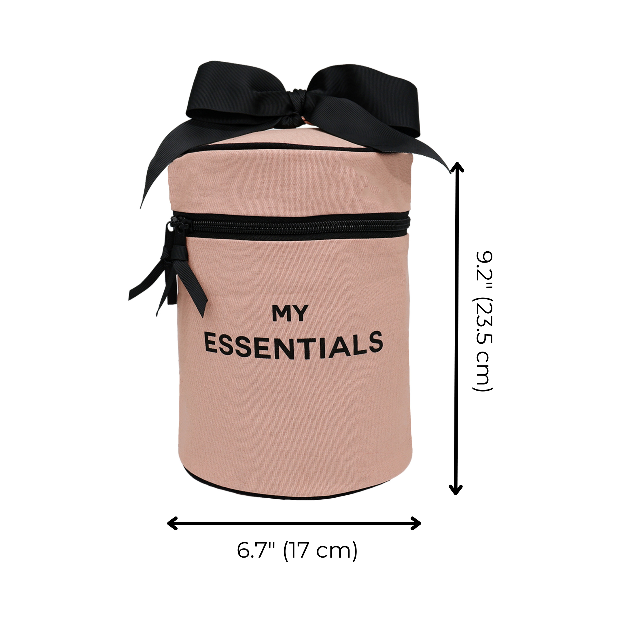 Bag-all Roomy Travel Essentials Case in pink blush with black bow, round cylinder design, 9.2 inches tall, featuring coated lining and 'MY ESSENTIALS' text on front