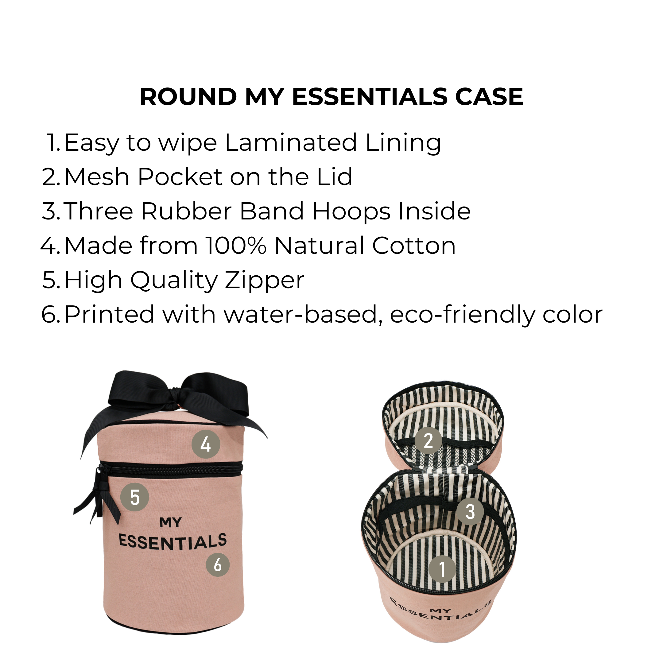 Bag-all Round My Essentials Case in pink/blush with laminated lining, rubber bands, and mesh pocket. Made from 100% cotton, featuring eco-friendly design and waterproof interior for travel organization.