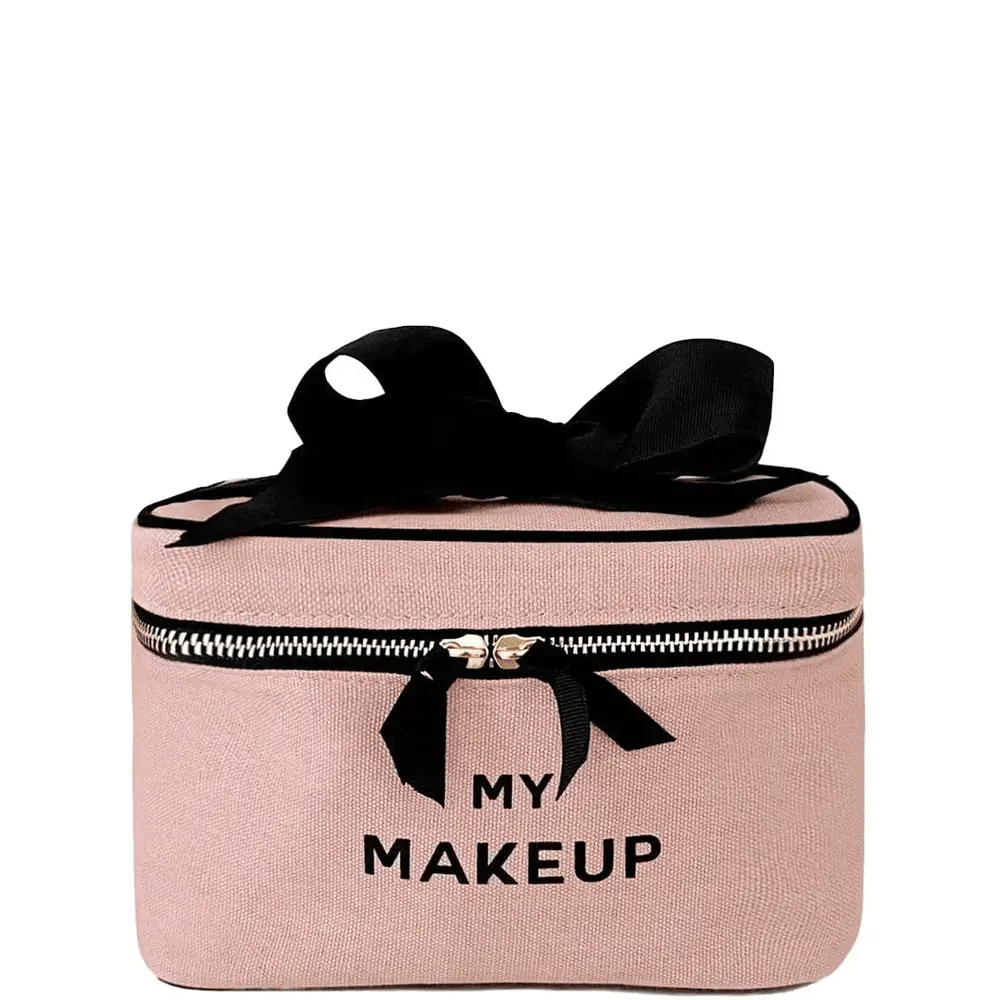 Bag-all My Makeup Cosmetic Box in blush pink with black bow and zipper detail, featuring gold hardware and convenient handle for portable organization