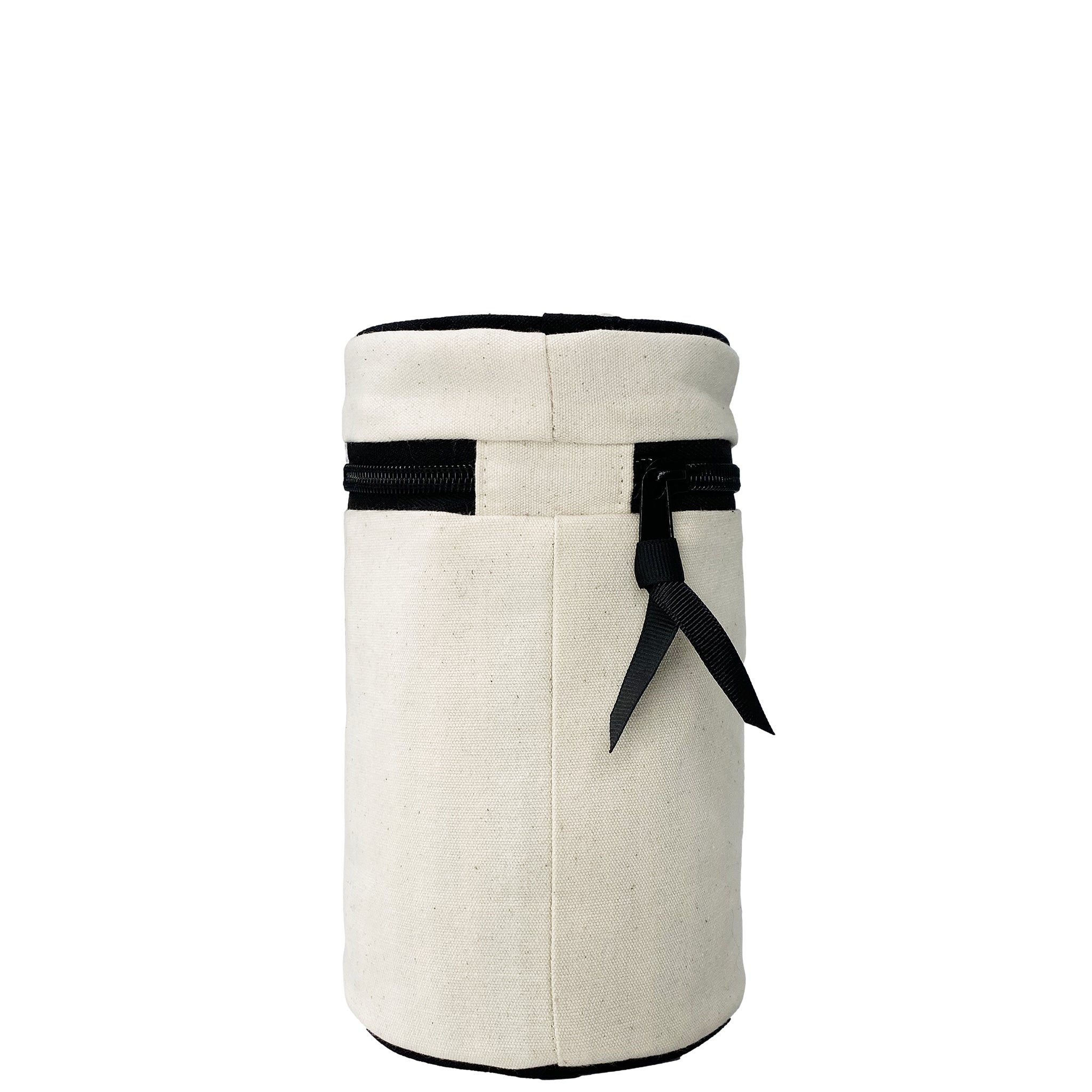 Bag-all Round My Scents Case in cream with black zipper detail, cylindrical organizer for perfumes and scents, featuring leak-proof lining and secure rubber bands