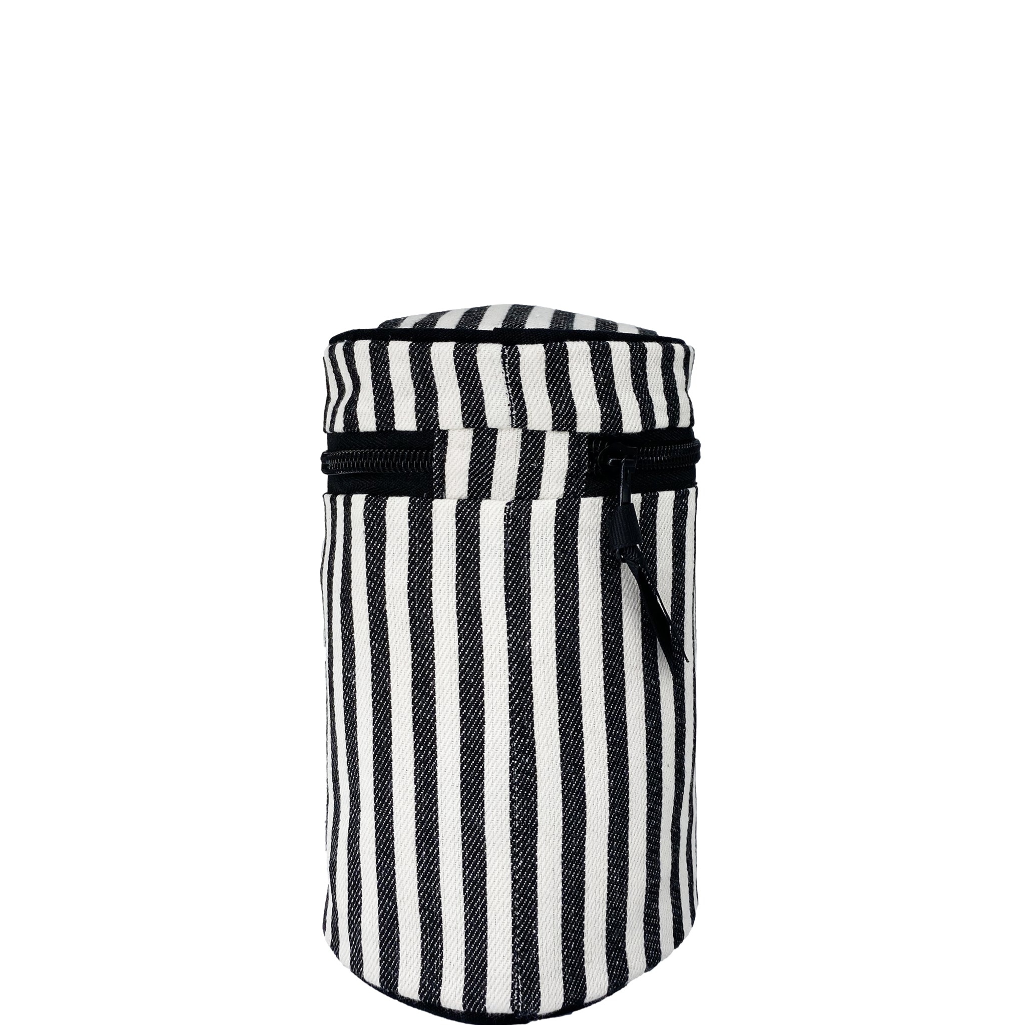 Bag-all Round My Scents Case in bold black and white stripes, featuring cylindrical design with protective laminated lining and secure rubber band closures
