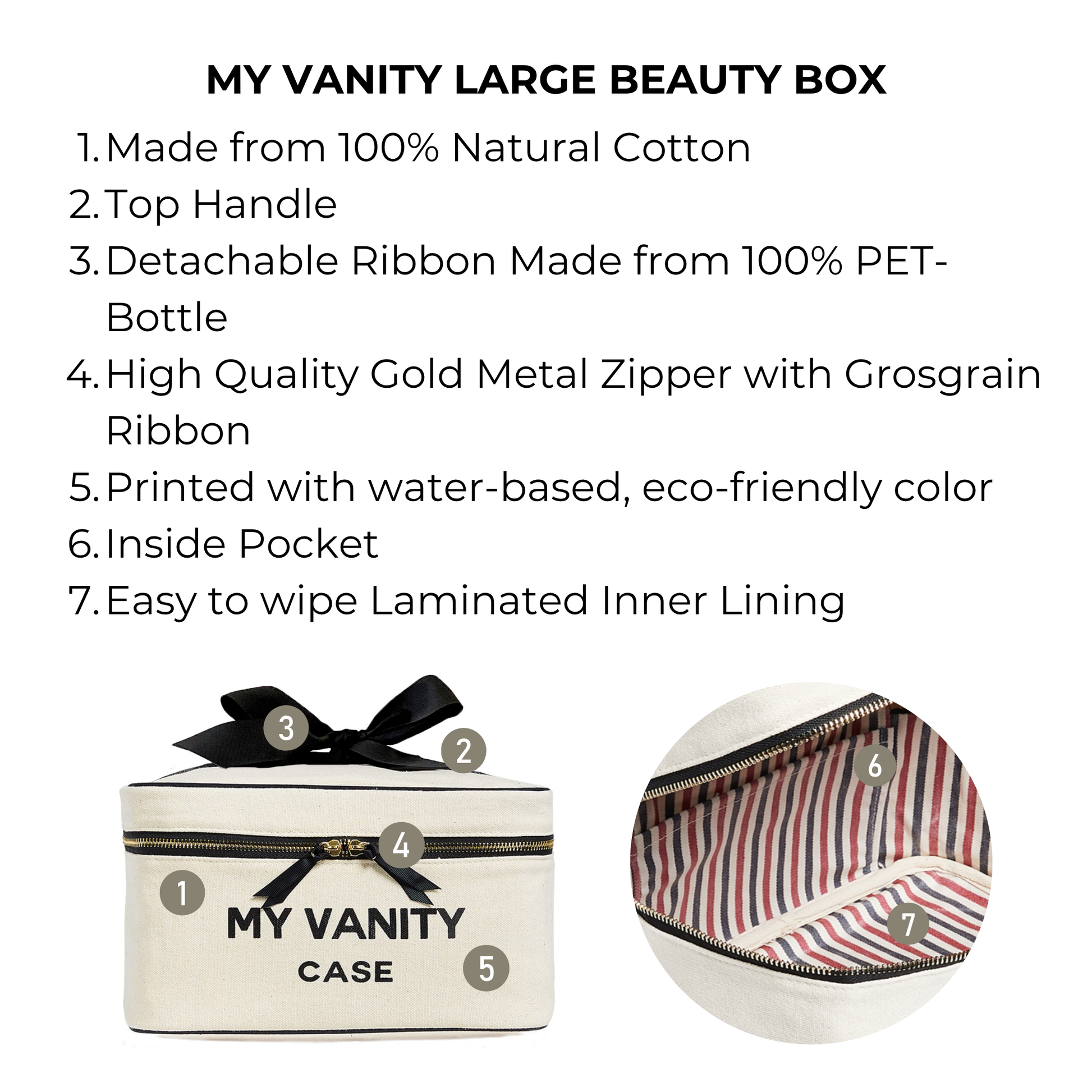 Bag-all My Vanity Large Beauty Box in cream with natural cotton exterior, waterproof striped lining, gold zipper, and detachable black bow. Spacious organizer for cosmetics and toiletries.