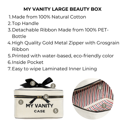 Bag-all My Vanity Large Beauty Box in cream with natural cotton exterior, waterproof striped lining, gold zipper, and detachable black bow. Spacious organizer for cosmetics and toiletries.