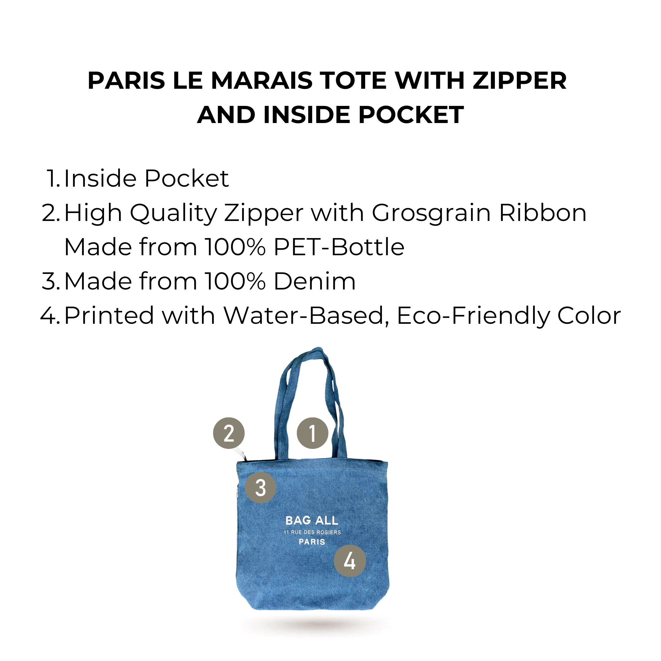 Paris Le Marais Tote with Zipper and Inside Pocket, Denim | Bag-all