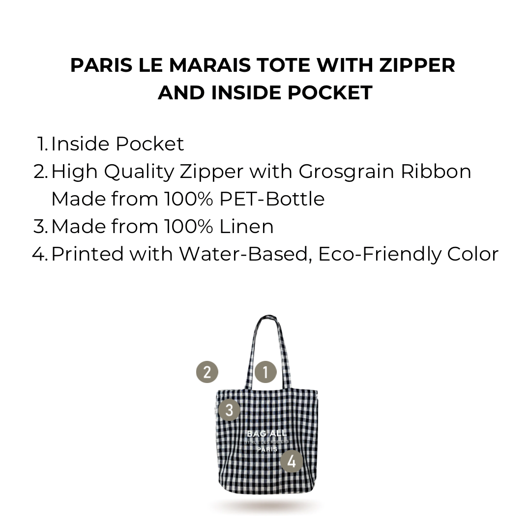 Paris Le Marais Tote with Zipper and Inside Pocket, Gingham | Bag-all