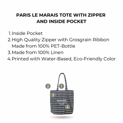 Paris Le Marais Tote with Zipper and Inside Pocket, Gingham | Bag-all