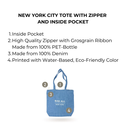 New York City Tote with Zipper and Inside Pocket, Denim | Bag-all