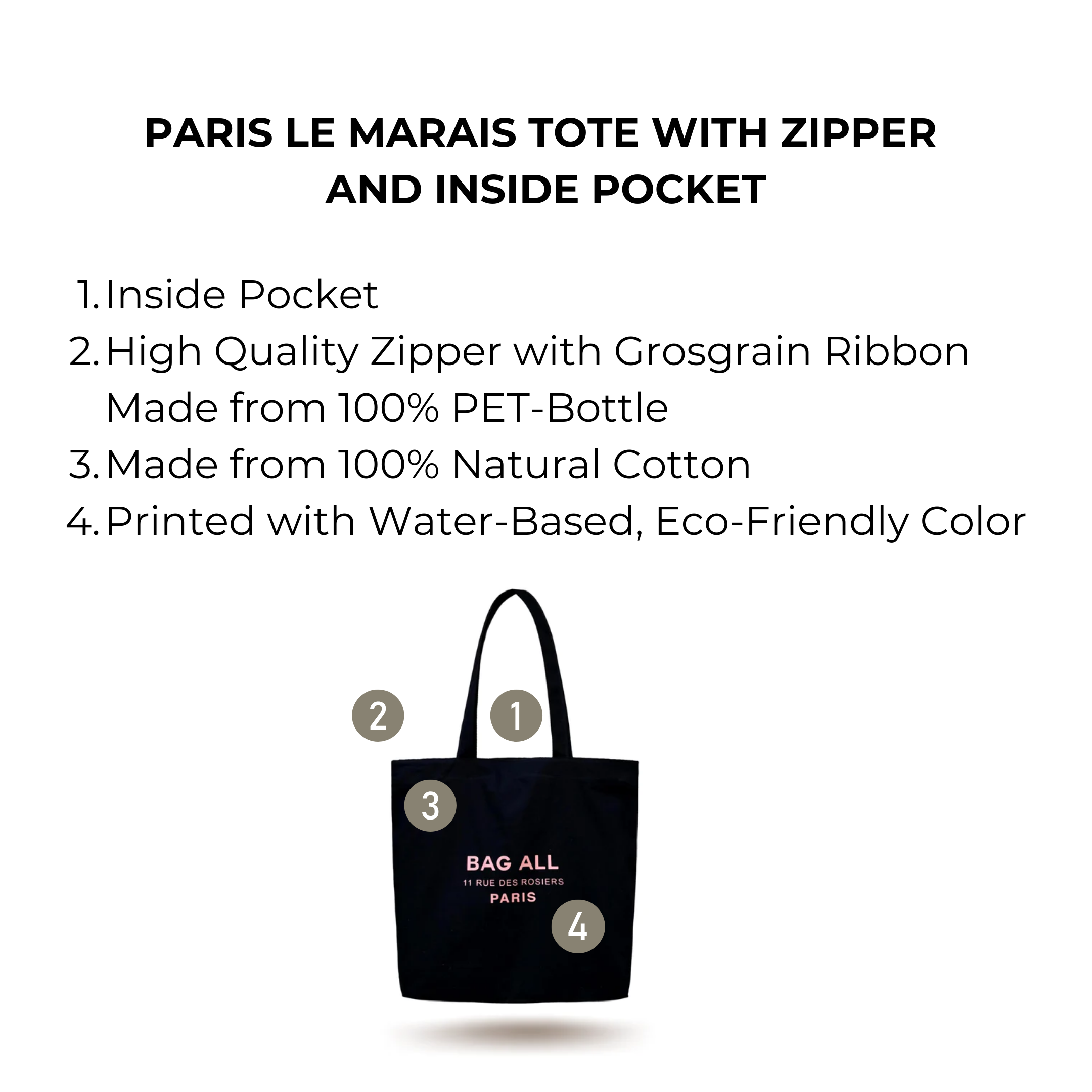 Paris Le Marais Tote with Zipper and Inside Pocket, Black | Bag-all