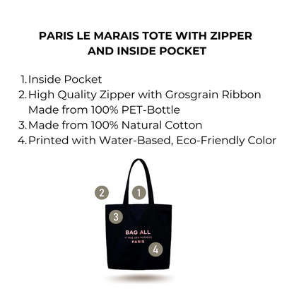 Paris Le Marais Tote with Zipper and Inside Pocket, Black | Bag-all