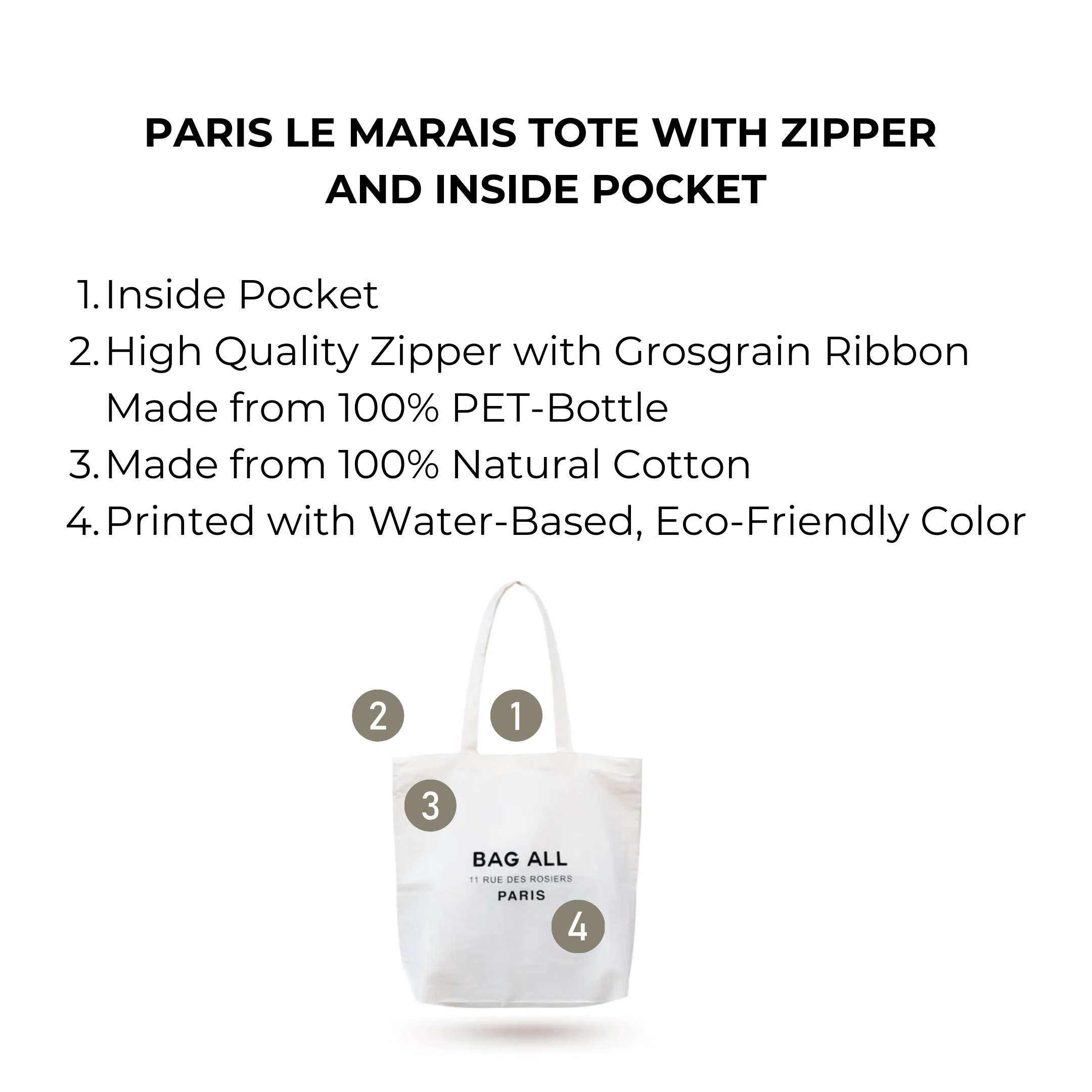 Paris Le Marais Tote with Zipper and Inside Pocket, Cream | Bag-all