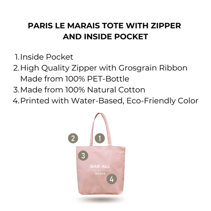 Paris Le Marais Tote with Zipper and Inside Pocket, Pink/Blush