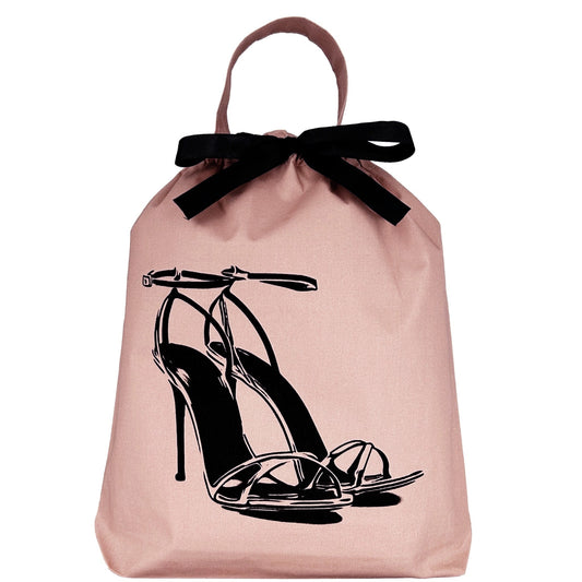 Bag-all High Heel Sandal Shoe Bag in pink with black stiletto heel illustration and ribbon bow, perfect for shoe storage and travel organization