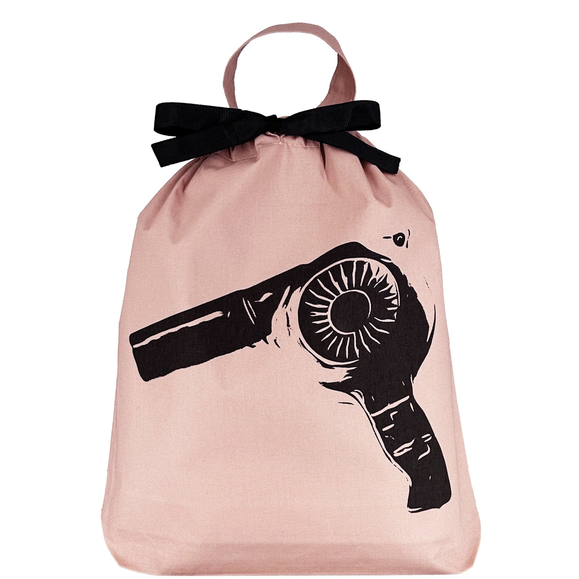 Pink Bag-all travel organizer bag with black hairdryer print and black drawstring bow closure for hair tools storage