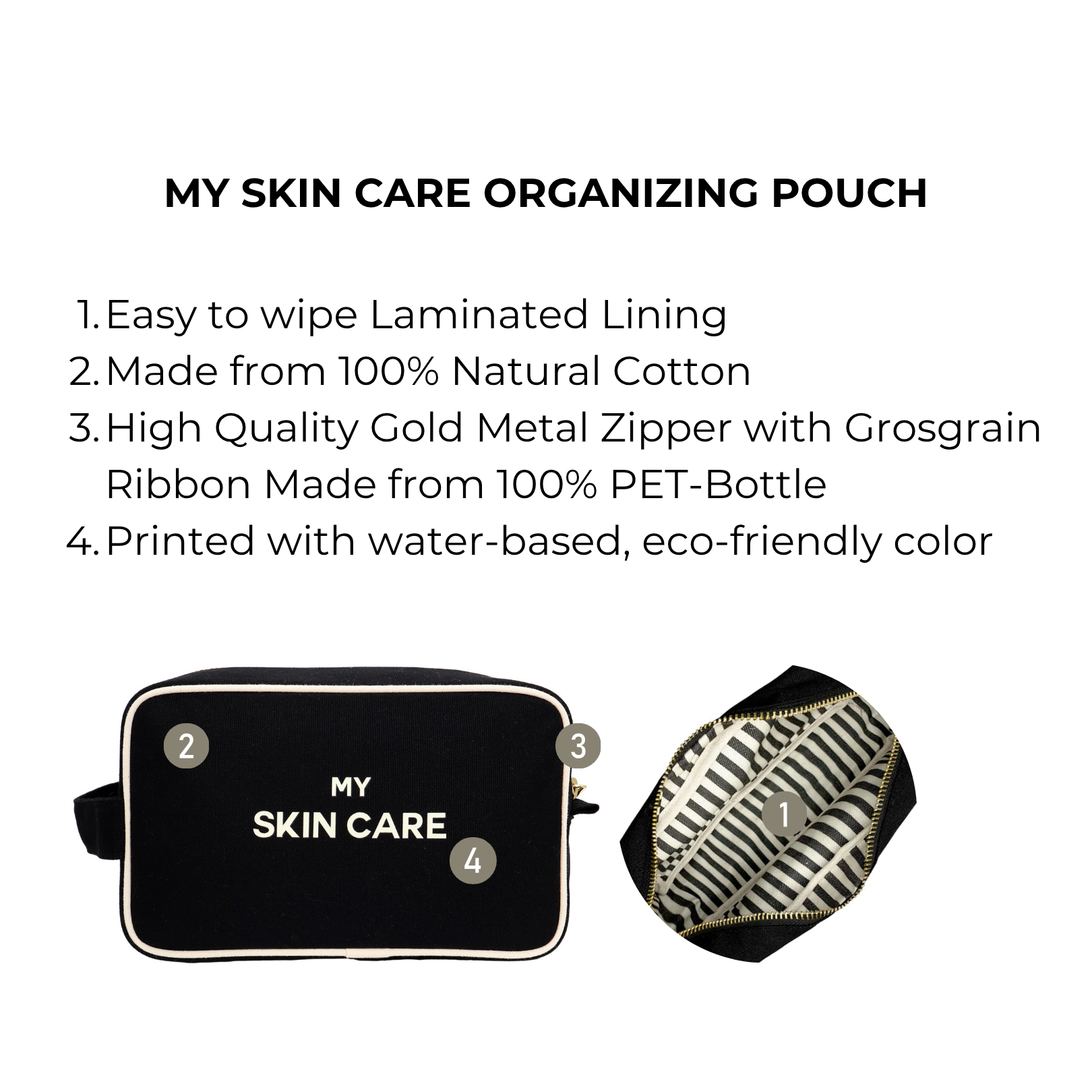 My Skin Care - Organizing Pouch w White Piping – Black by Bag-all, a Paris-designed natural cotton travel pouch with laminated lining and gold zipper for personalized organization.