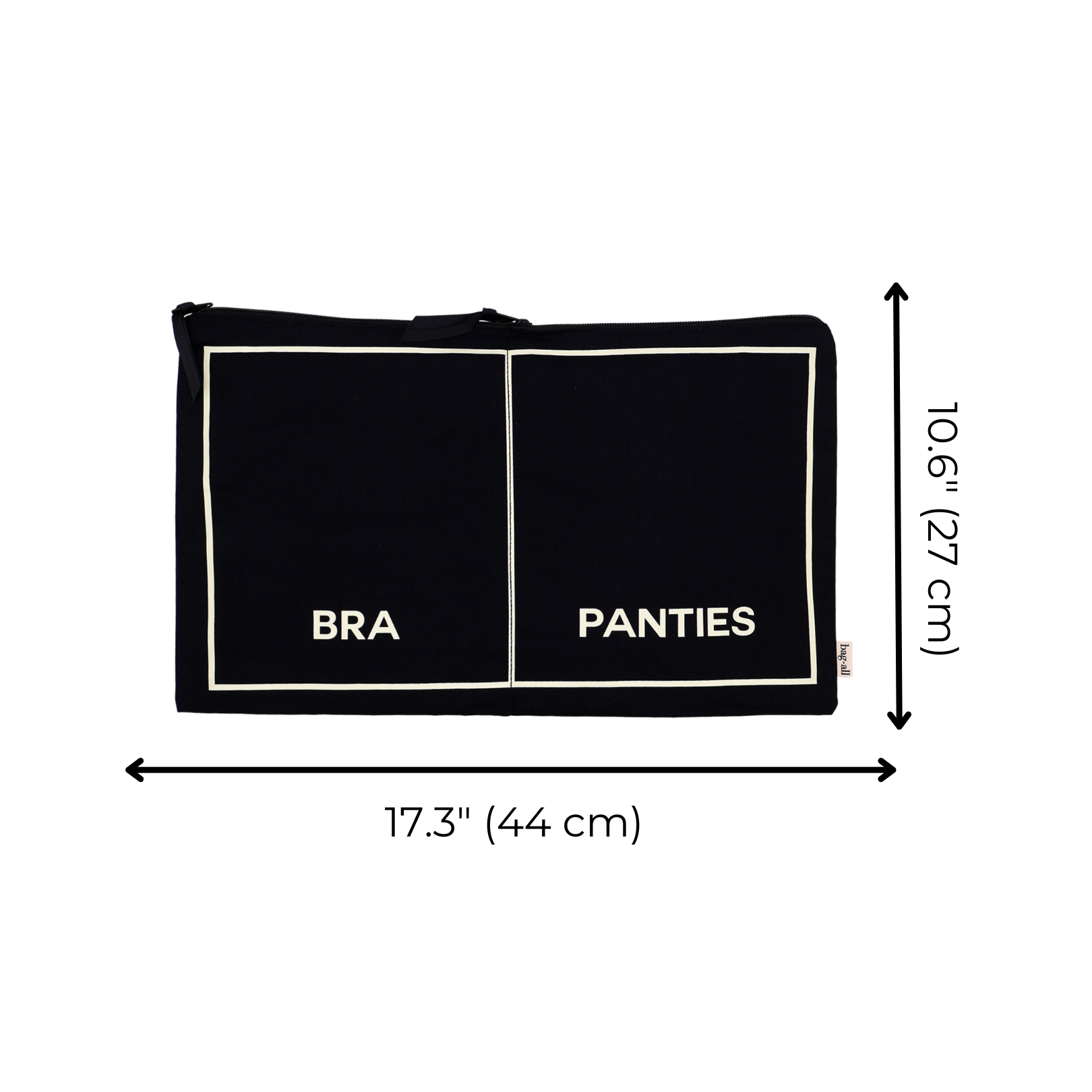 Black Bag-all double underwear organizer with separate bra and panties compartments, compact and modern design