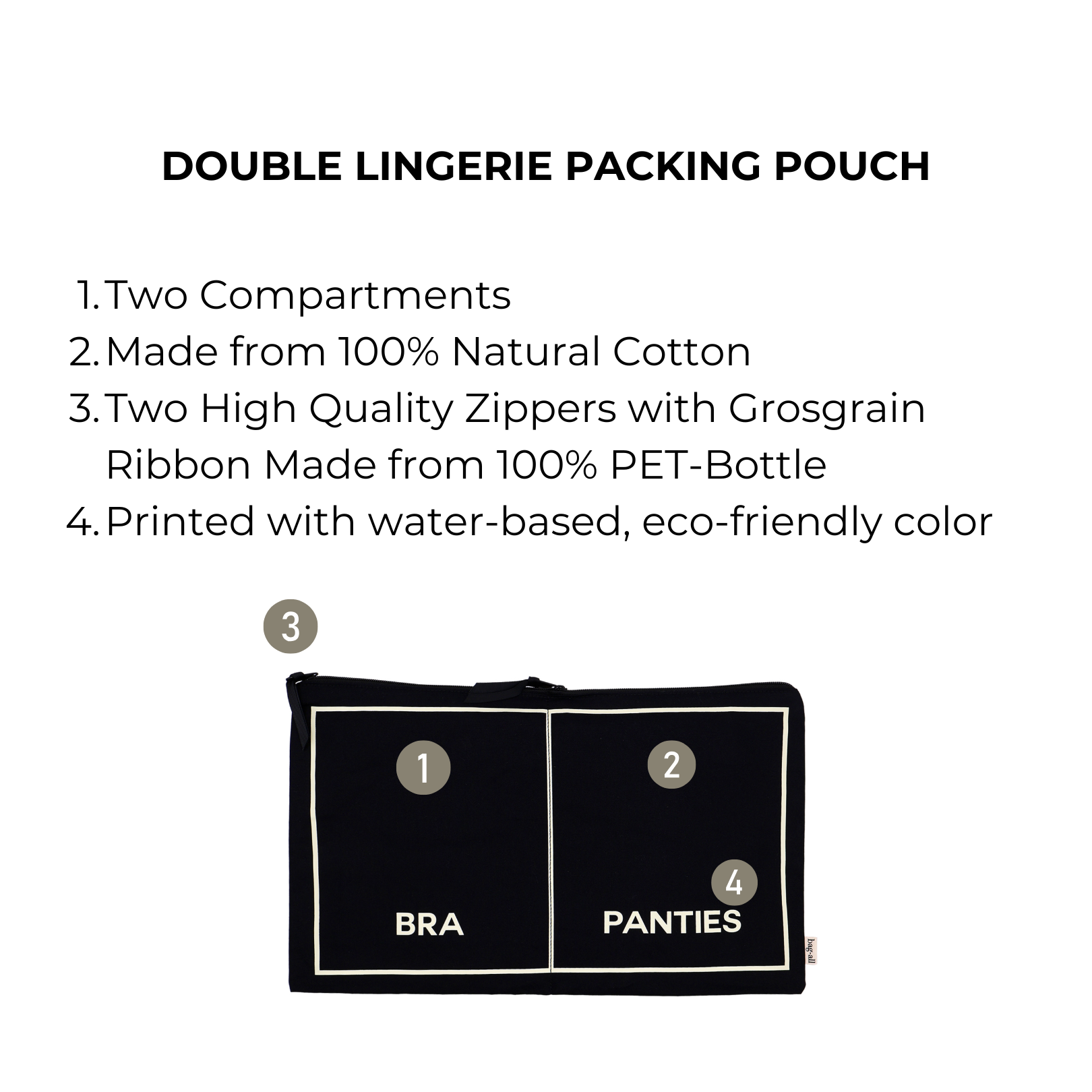 Bag-all black underwear organizer with two compartments, natural cotton, eco-friendly print, and dual zippers for lingerie storage