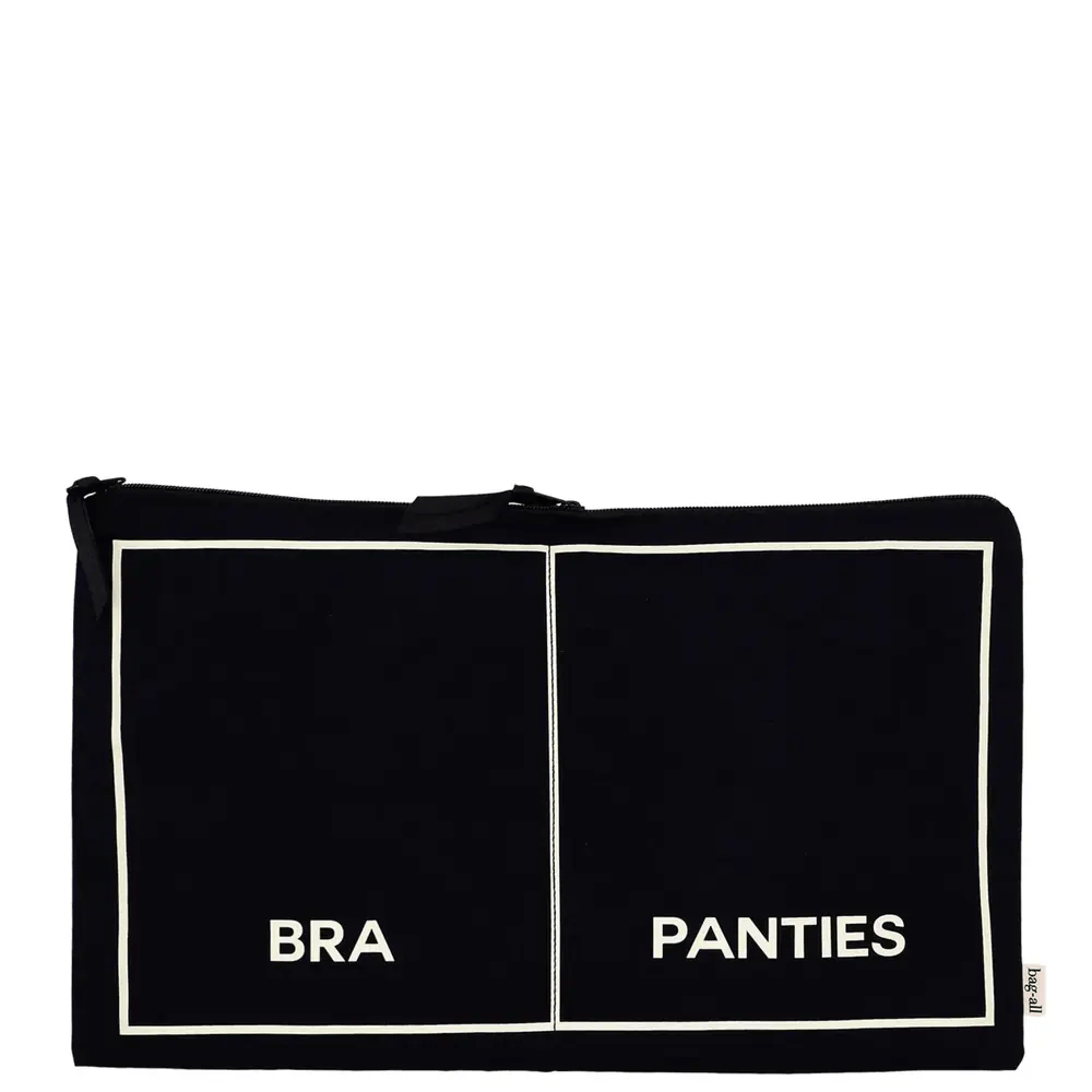 Bag-all black double underwear organizer with separate bra and panties compartments for easy storage and travel.