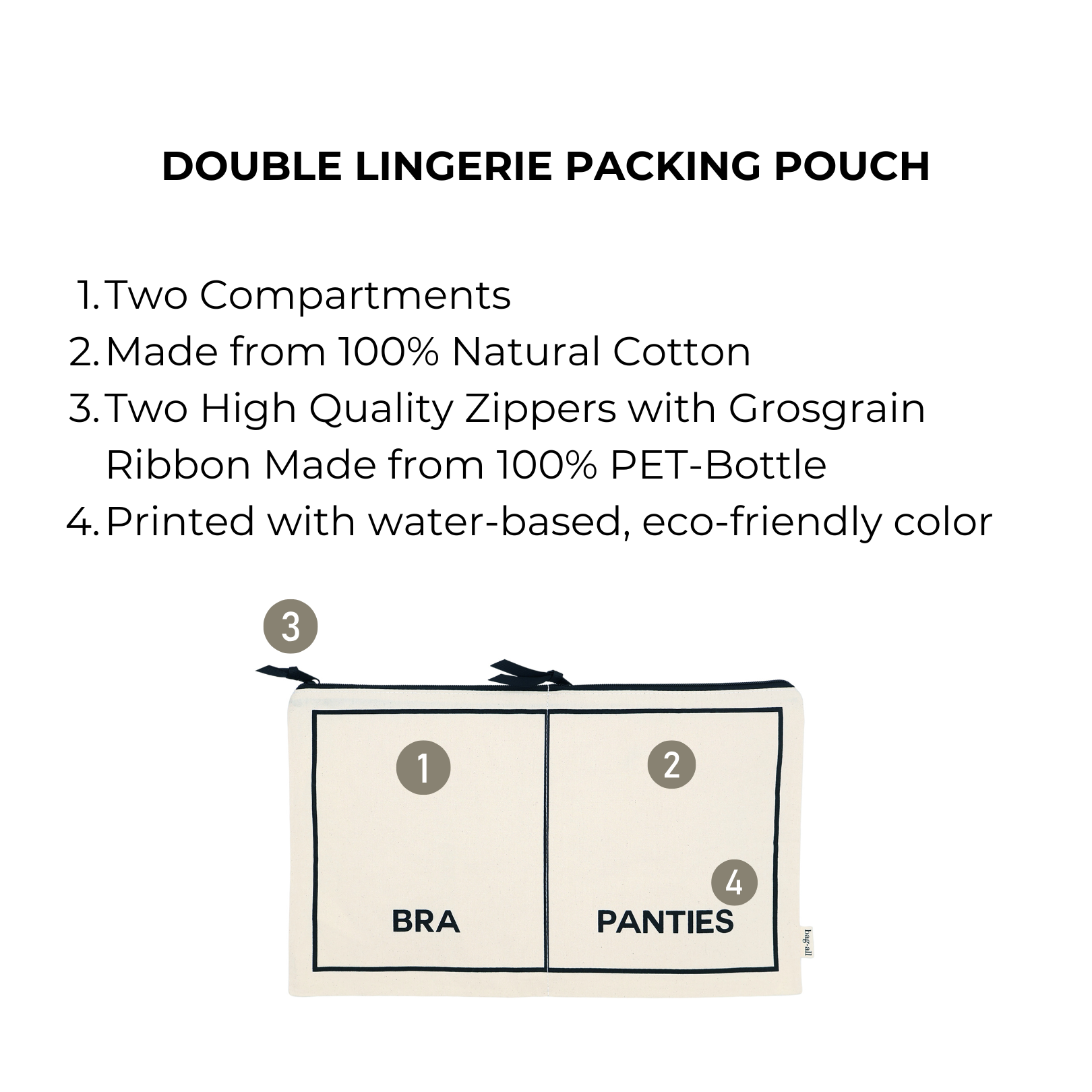Bag-all double underwear organizer in cream with two compartments, natural cotton, and eco-friendly materials for travel or storage.