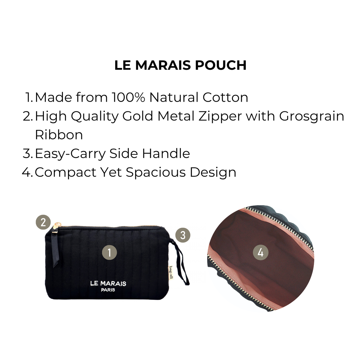 Bag-all Le Marais Pouch – Quilted Black personalized cotton travel organizer with gold zipper side handle and spacious interior