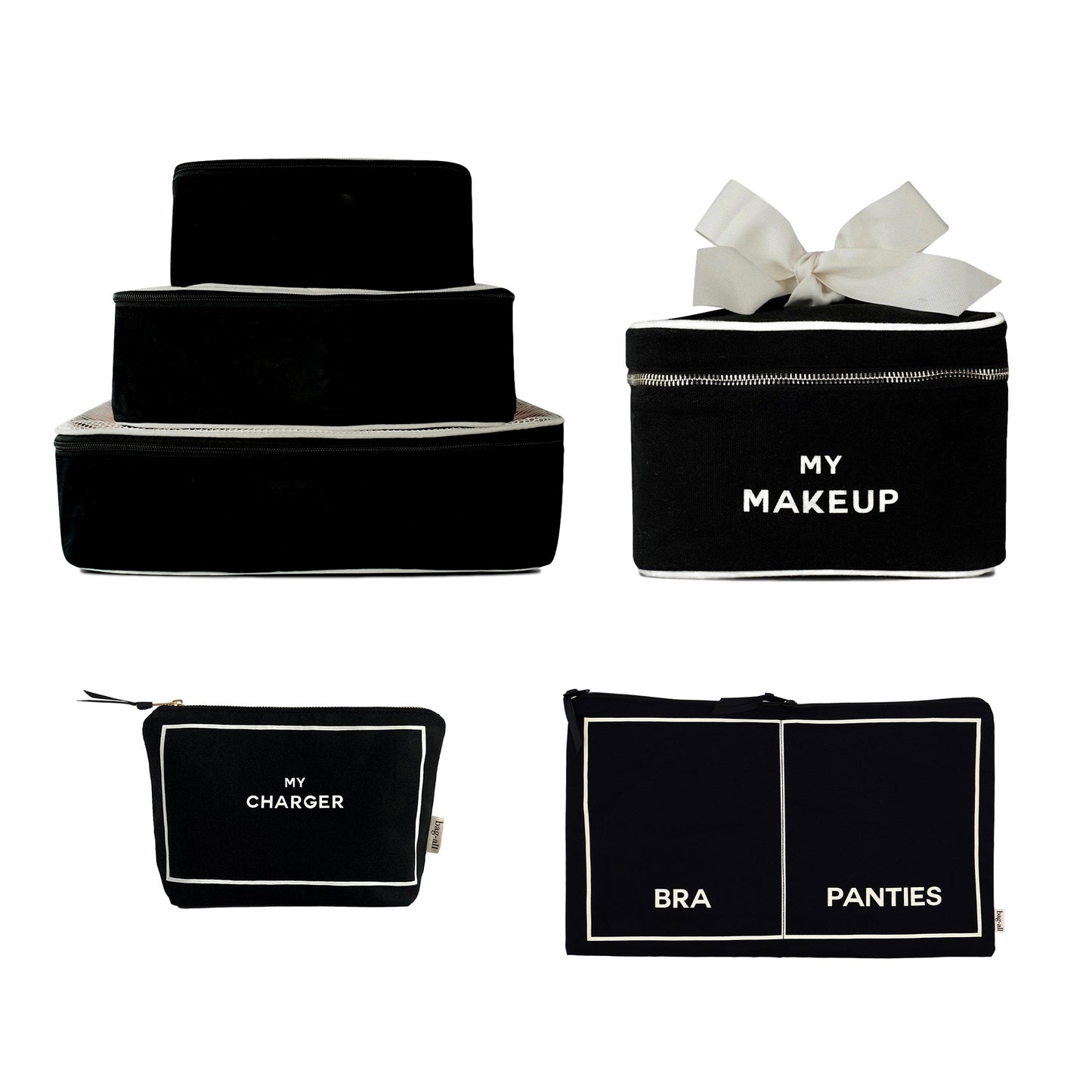 Travel Glam 4-Pack with black cotton bags for makeup, chargers, lingerie, and packing cubes by Bag-all