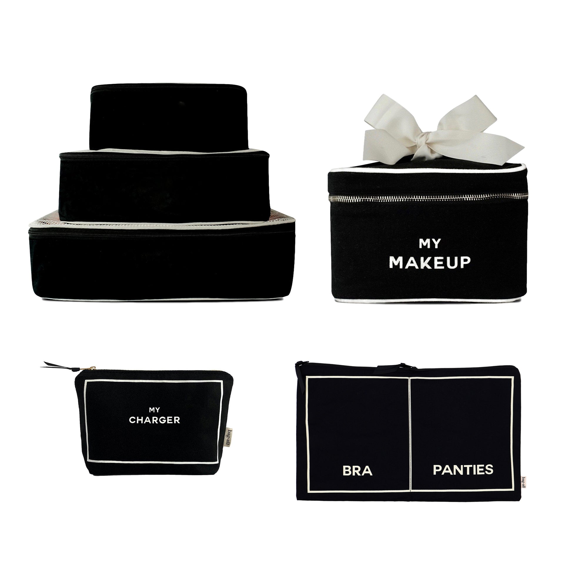 Travel Glam 4-Pack with black cotton bags for makeup, chargers, lingerie, and packing cubes by Bag-all