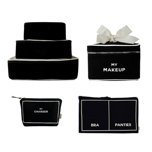 Travel Glam 4-Pack with black cotton bags for makeup, chargers, lingerie, and packing cubes by Bag-all