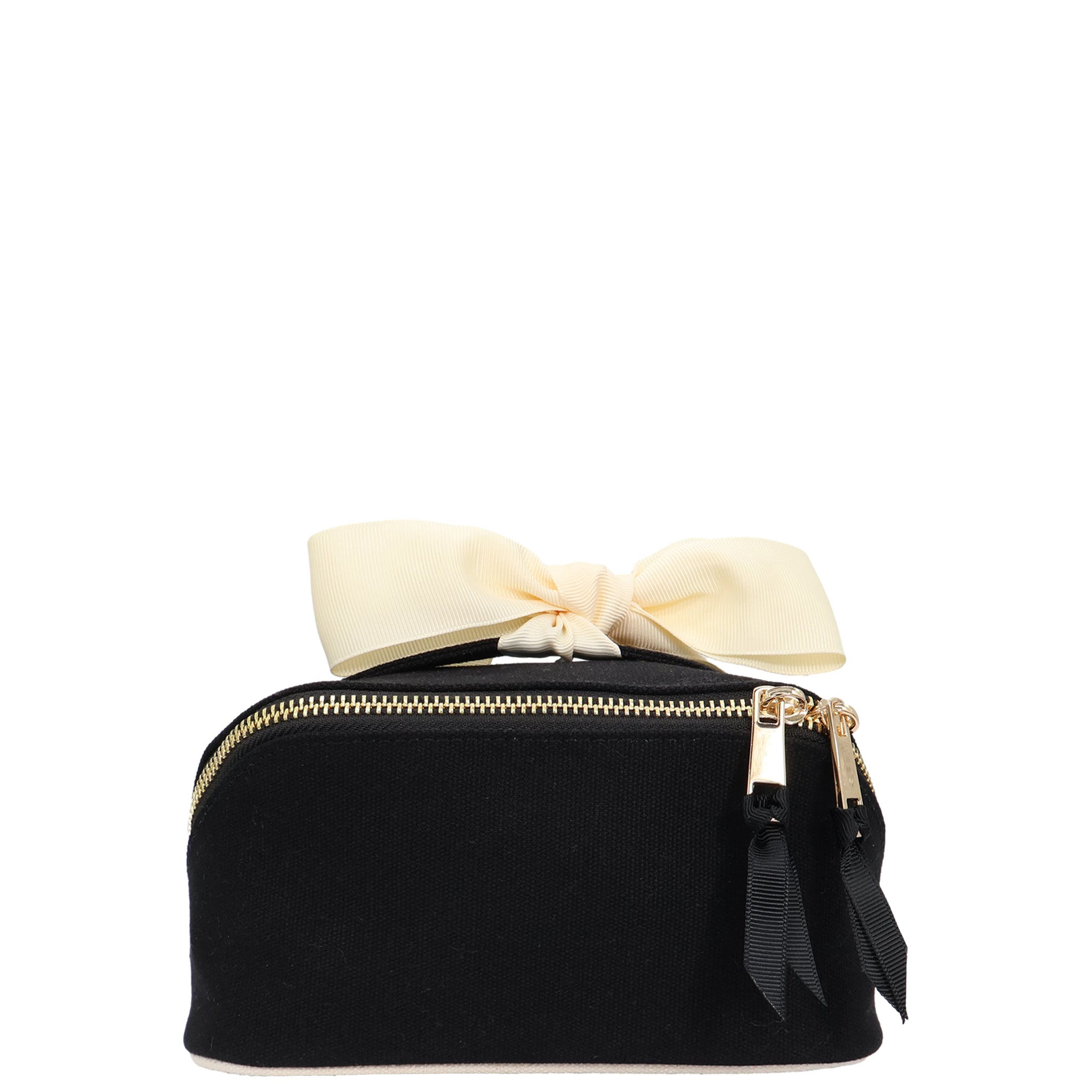 Petite Accordion Makeup Case – Black with gold zipper and ivory bow, Paris-designed cotton travel organizer for stylish, personalized packing by Bag-all.