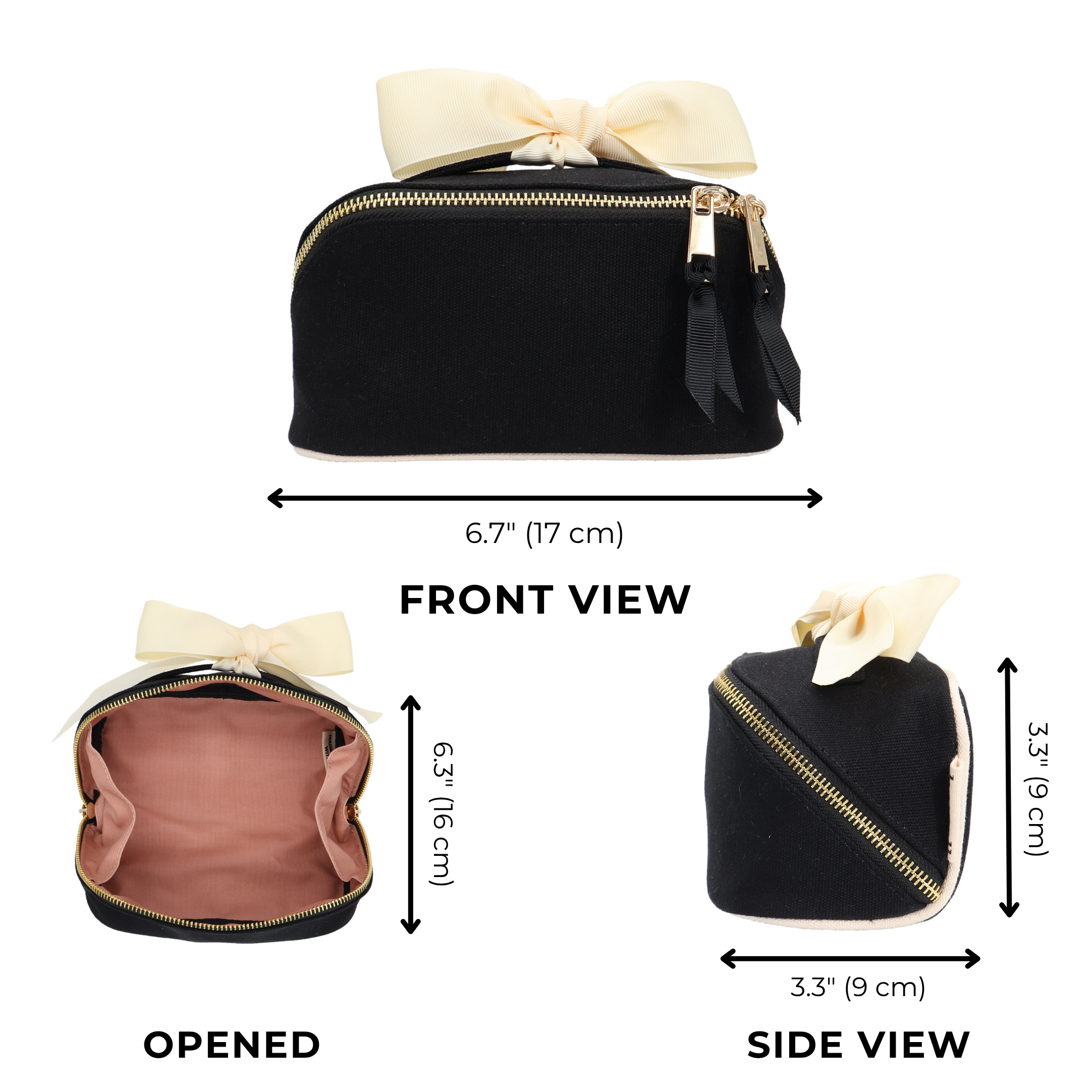 Petite Accordion Makeup Case – Black by Bag-all, Paris-designed cotton travel case with gold zipper and bow for stylish, personalized organization.