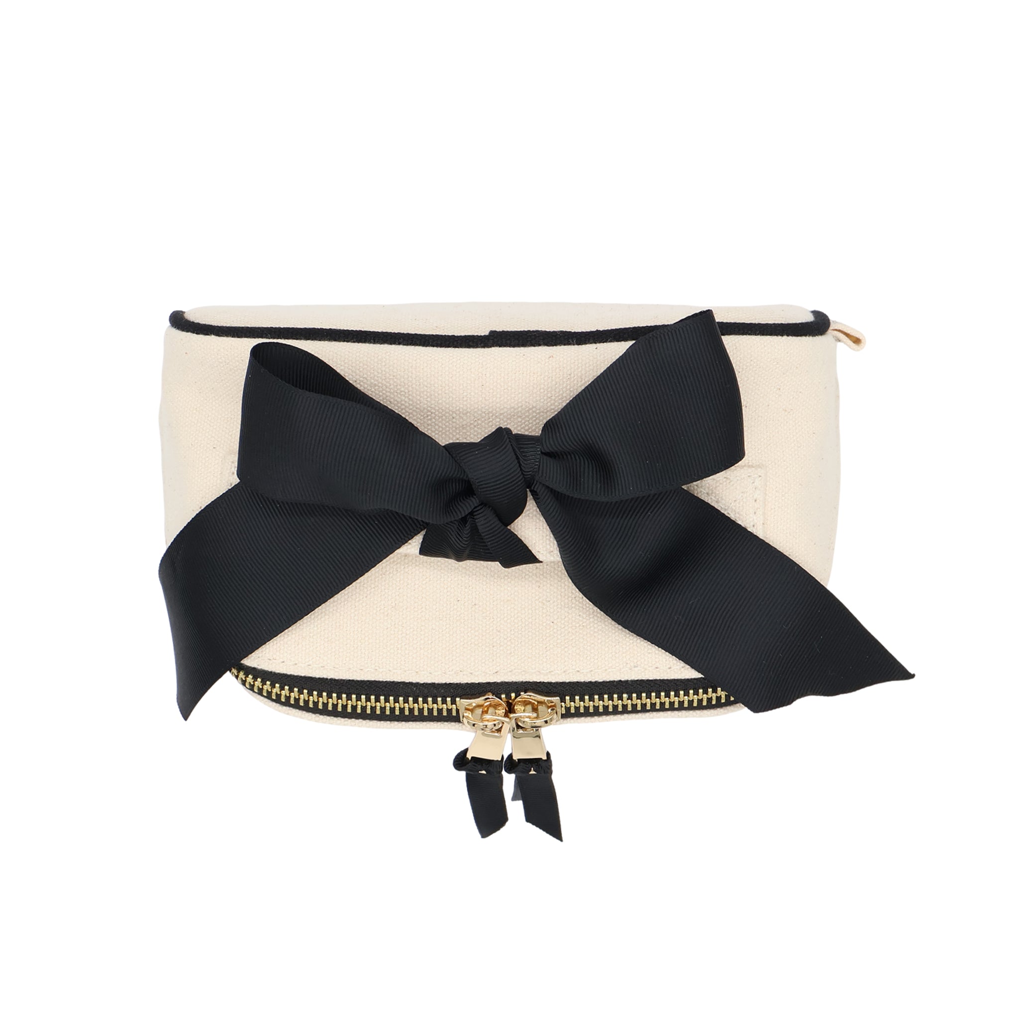 Petite Accordion Makeup Case – Cream by Bag-all, a Paris-designed personalized cotton travel bag with gold zipper and elegant black bow for organized packing.