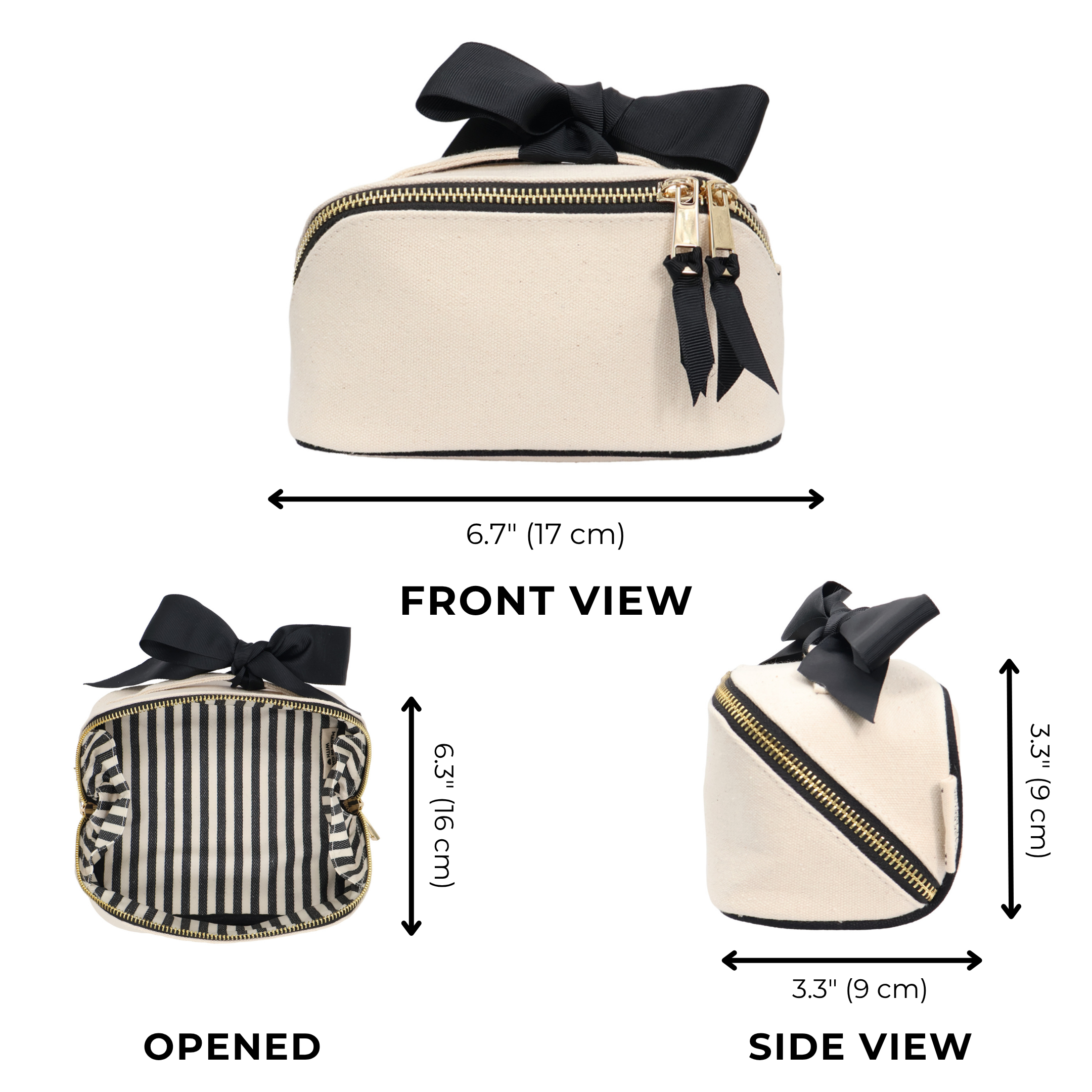Petite Accordion Makeup Case – Cream by Bag-all, Paris-designed personalized cotton travel bag with striped laminated interior and black bow detail for stylish organization.