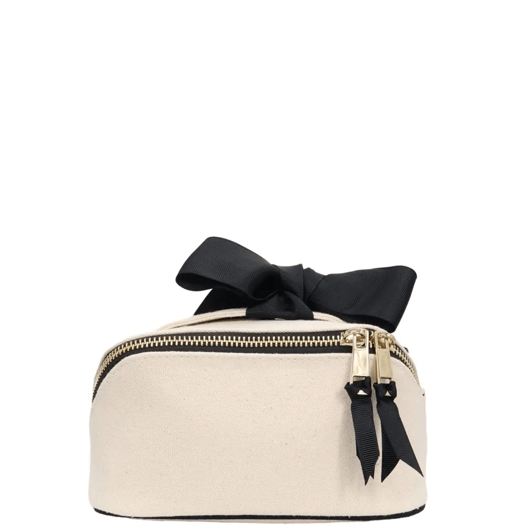 Petite Accordion Makeup Case – Cream by Bag-all, Paris-designed personalized cotton travel bag with gold zipper and black bow for stylish organization.