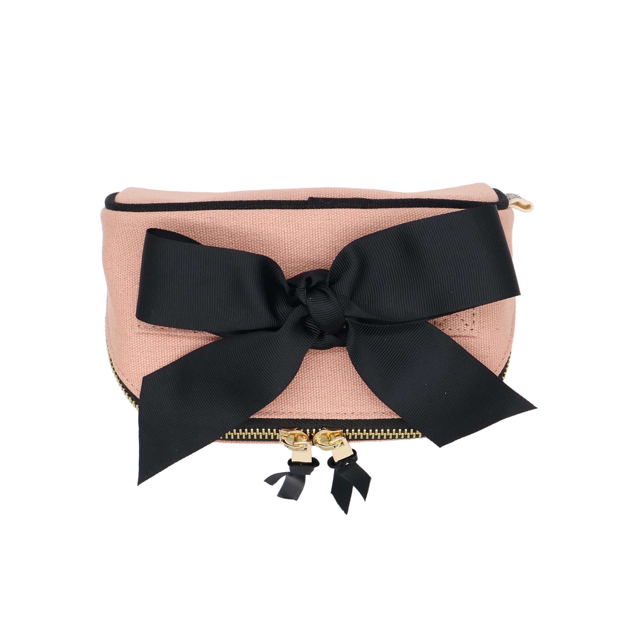 Petite Accordion Makeup Case – Pink/Blush with black ribbon and gold zipper, Paris-designed cotton travel organizer by Bag-all for personalized packing and style.