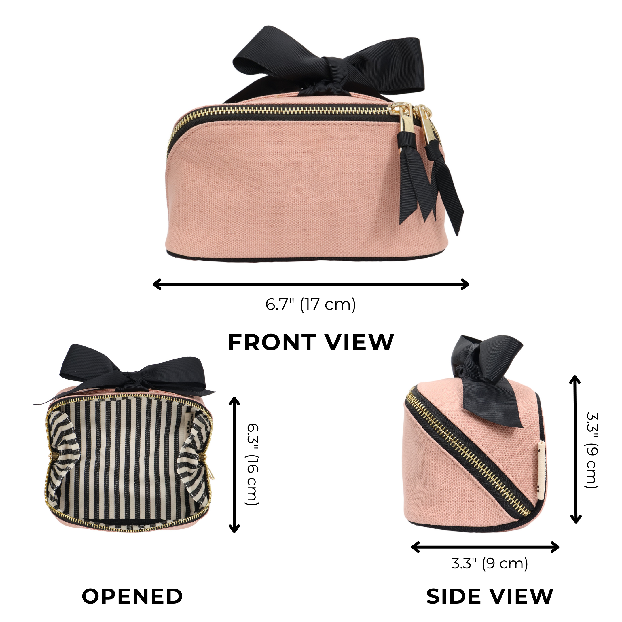 Petite Accordion Makeup Case – Pink/Blush with gold zipper, black bow, and striped interior, designed by Bag-all for stylish travel organization in personalized cotton.
