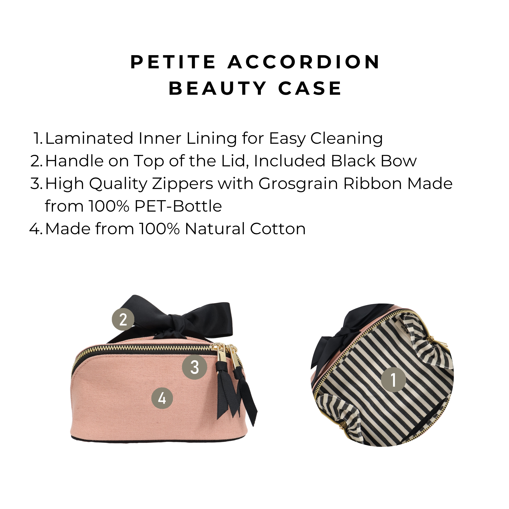 Petite Accordion Makeup Case – Pink/Blush by Bag-all, a Paris-designed natural cotton travel organizer with laminated lining, black bow, and sturdy gold zippers for packing.