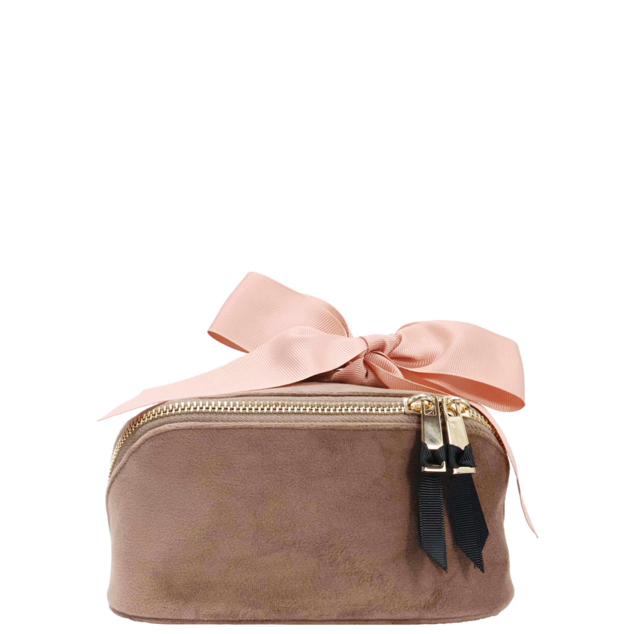 Petite Accordion Makeup Case – Eco Velvet – Latte Taupe with soft pink grosgrain bow, gold zippers, and plush velvet for stylish travel organization by Bag-all