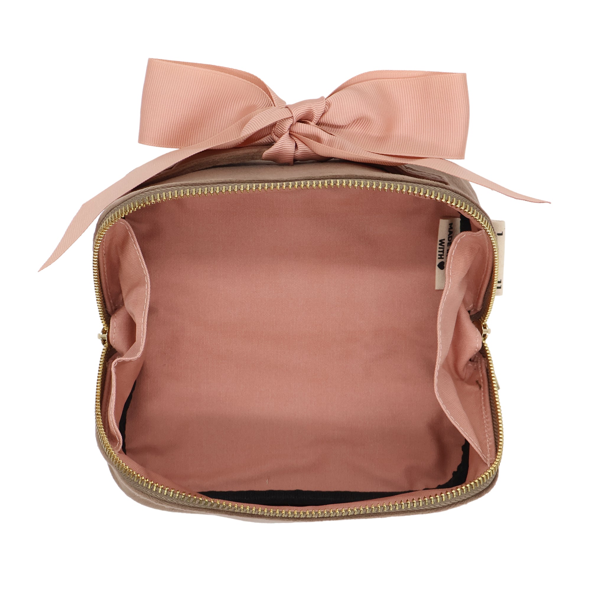 Petite Accordion Makeup Case – Eco Velvet – Latte Taupe with soft pink bow, gold zipper, spacious interior, and durable velvet fabric for personalized travel organization by Bag-all