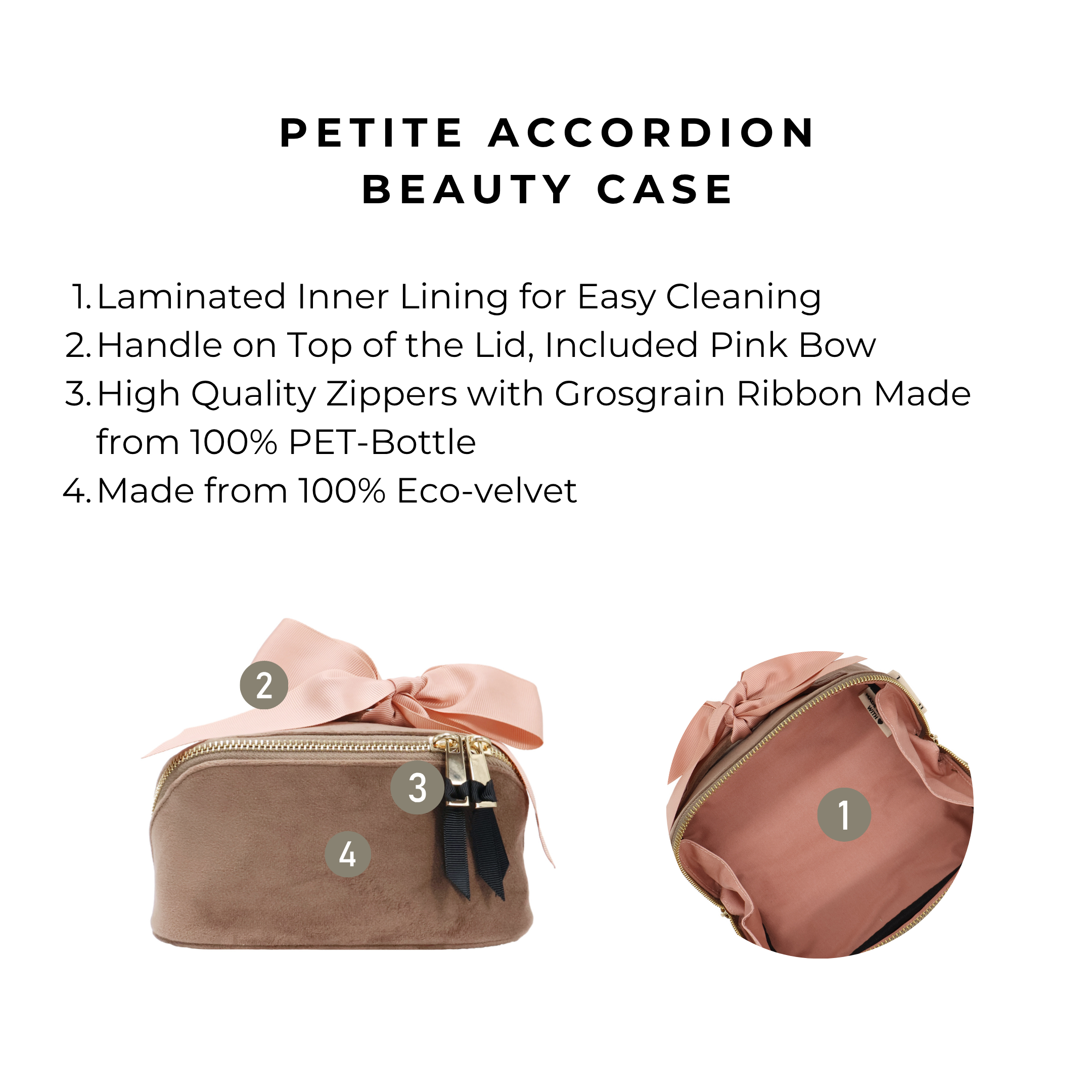 Petite Accordion Makeup Case – Eco Velvet – Latte Taupe with laminated lining, pink grosgrain bow handle, and durable zippers for stylish travel organization by Bag-all
