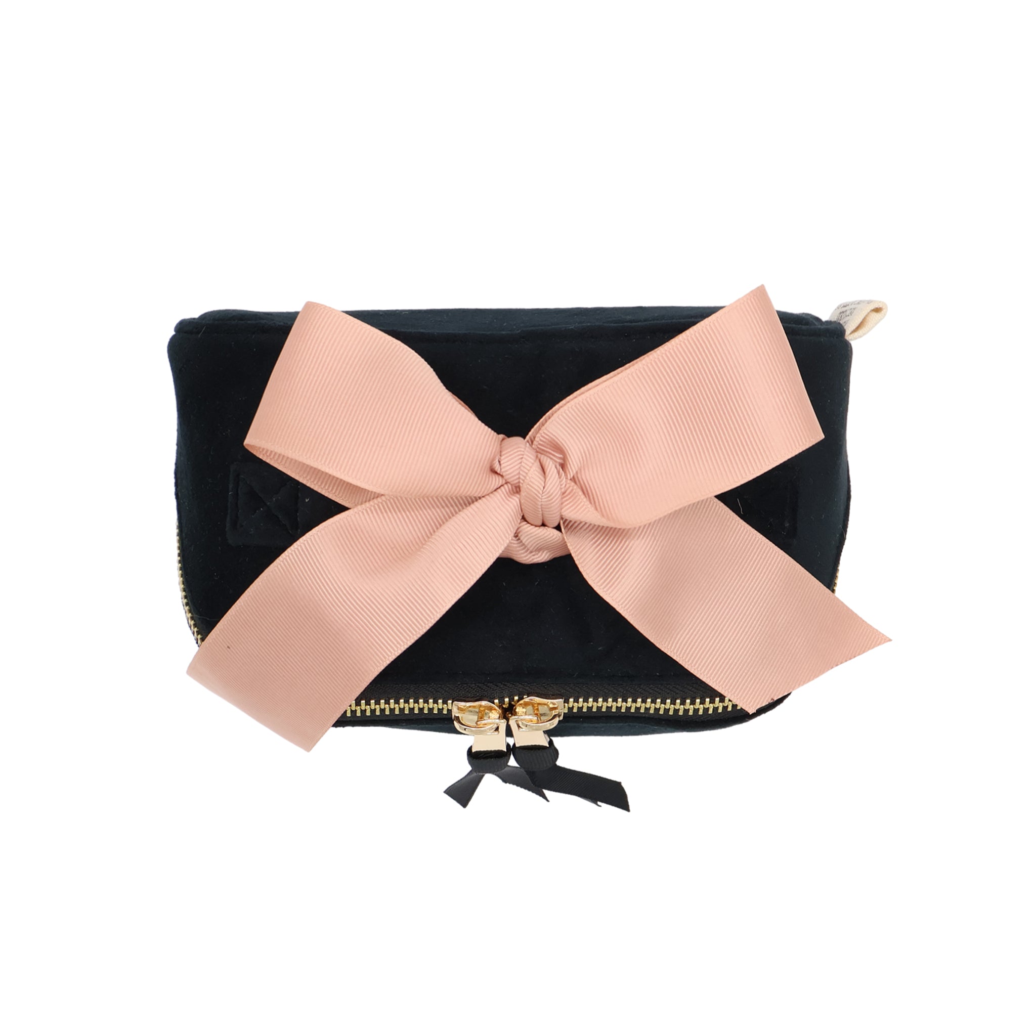 Petite Accordion Makeup Case – Eco Velvet – Jetset Black with large peach bow, gold zipper, and soft velvet fabric for personalized travel organization by Bag-all.