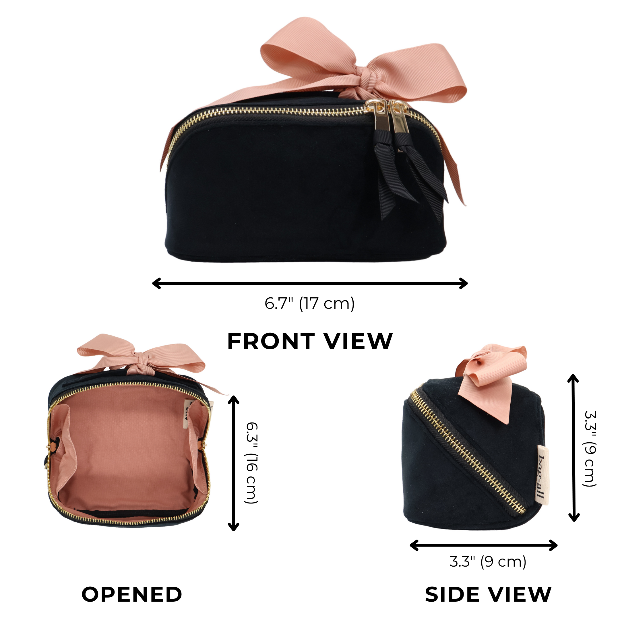 Petite Accordion Makeup Case – Eco Velvet – Jetset Black with soft velvet, gold zipper, peach bow, and spacious interior for stylish travel organization by Bag-all.