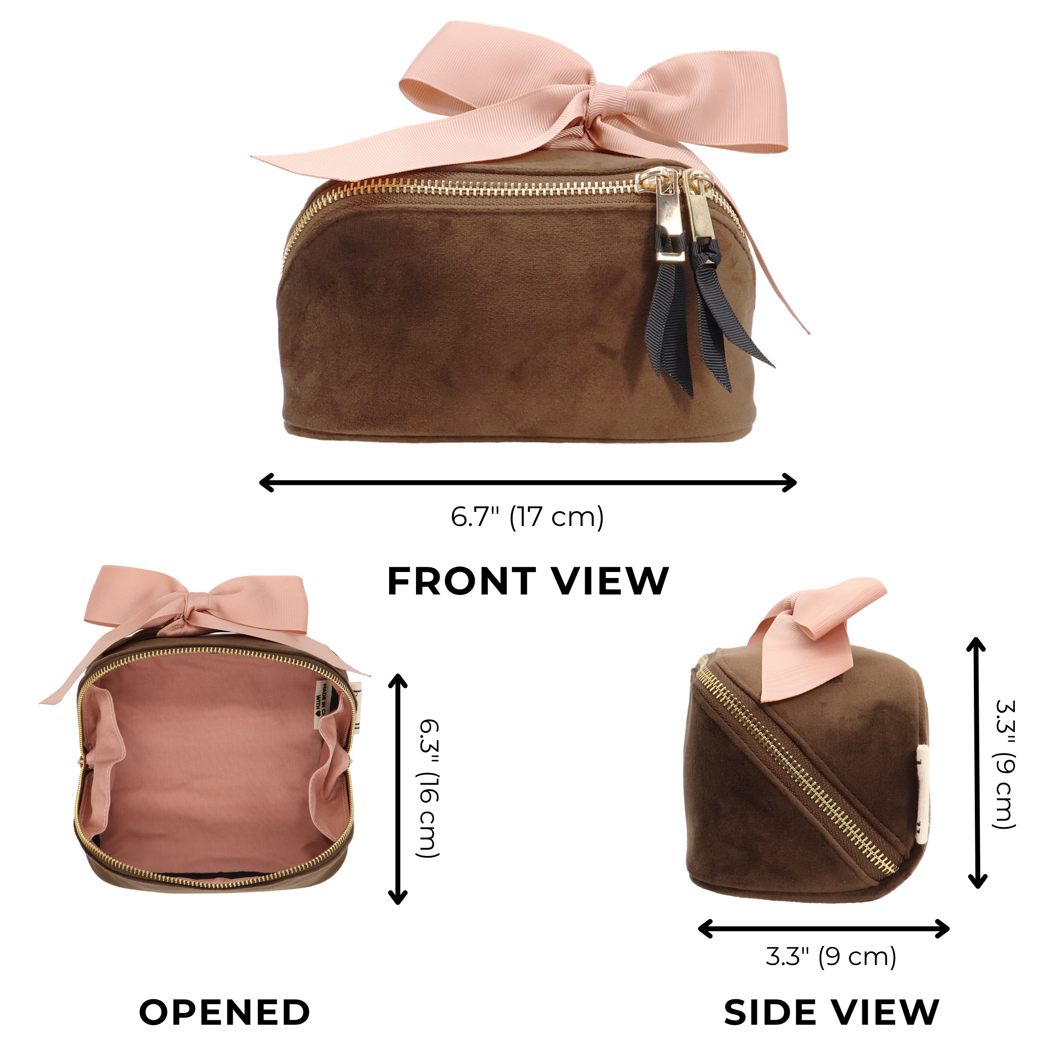 Petite Accordion Makeup Case – Eco Velvet – Espresso Brown with soft pink grosgrain bow, gold zippers, and plush velvet for stylish travel organization by Bag-all