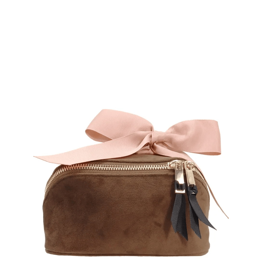 Petite Accordion Makeup Case – Eco Velvet – Espresso Brown with a soft blush grosgrain bow, gold zippers, and plush velvet texture for stylish travel organization by Bag-all