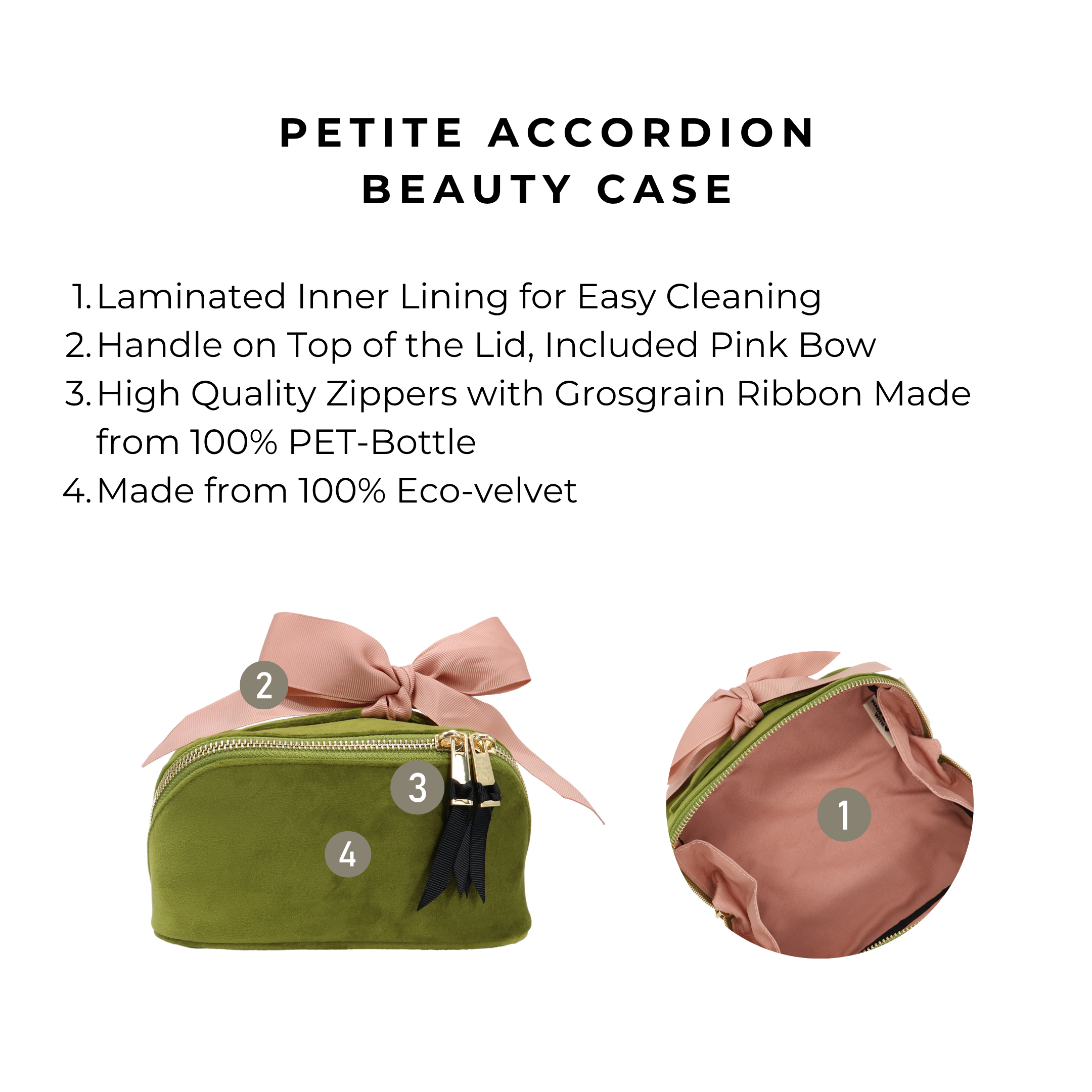 Petite Accordion Makeup Case – Eco Velvet – Matcha Green with pink grosgrain bow, laminated lining, and durable zippers for stylish travel organization by Bag-all.