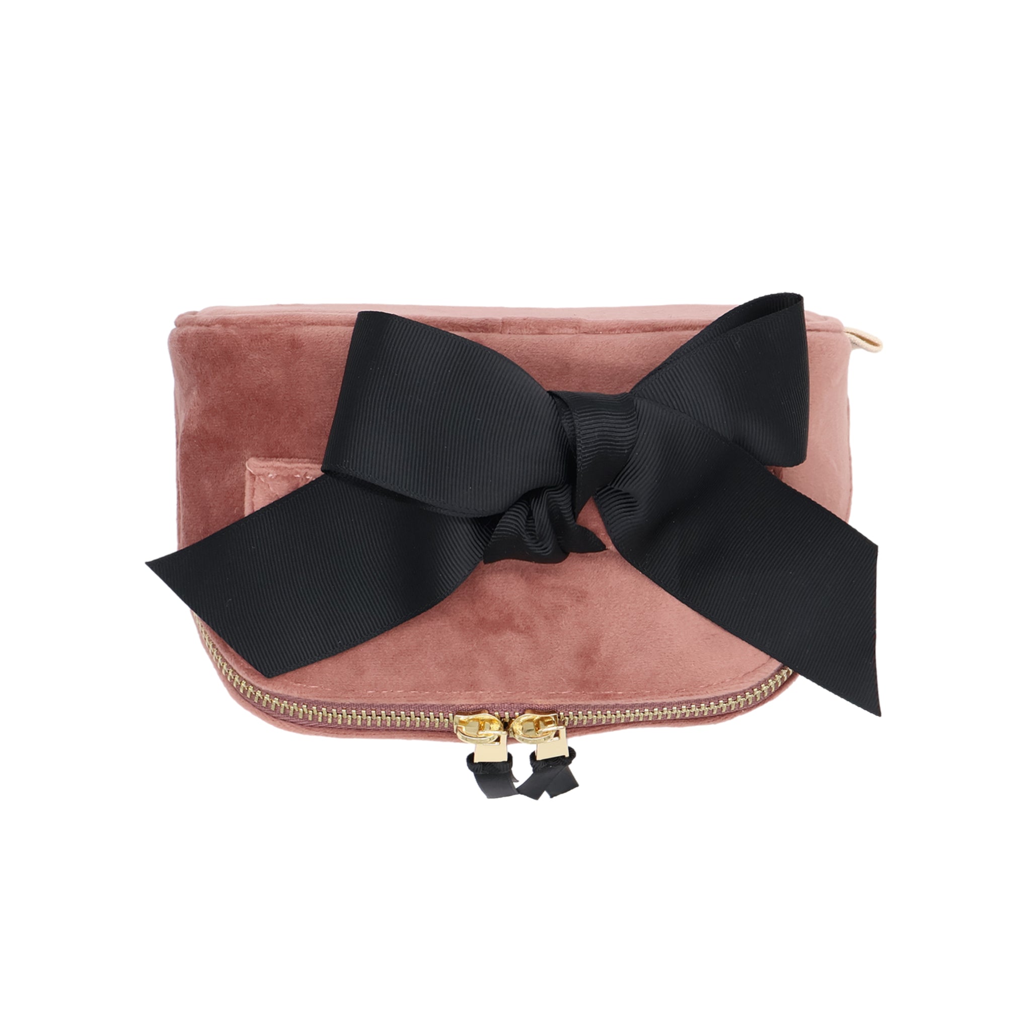 Petite Accordion Makeup Case – Eco Velvet – Blush Pink featuring a large black bow, gold zippers, soft velvet texture for stylish travel organization by Bag-all