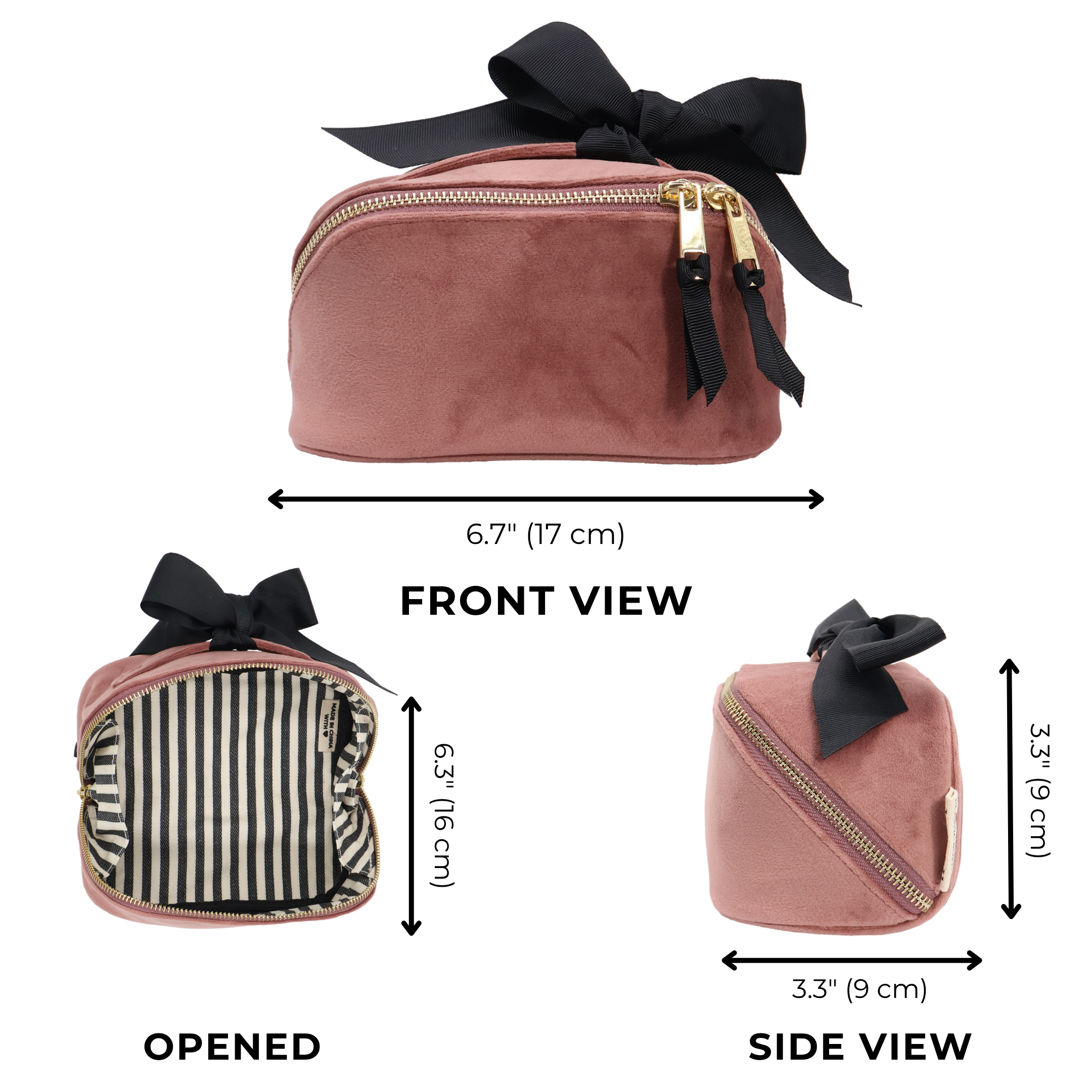 Petite Accordion Makeup Case – Eco Velvet – Blush Pink with black bow, gold zippers, striped interior, and soft velvet texture for travel organization by Bag-all