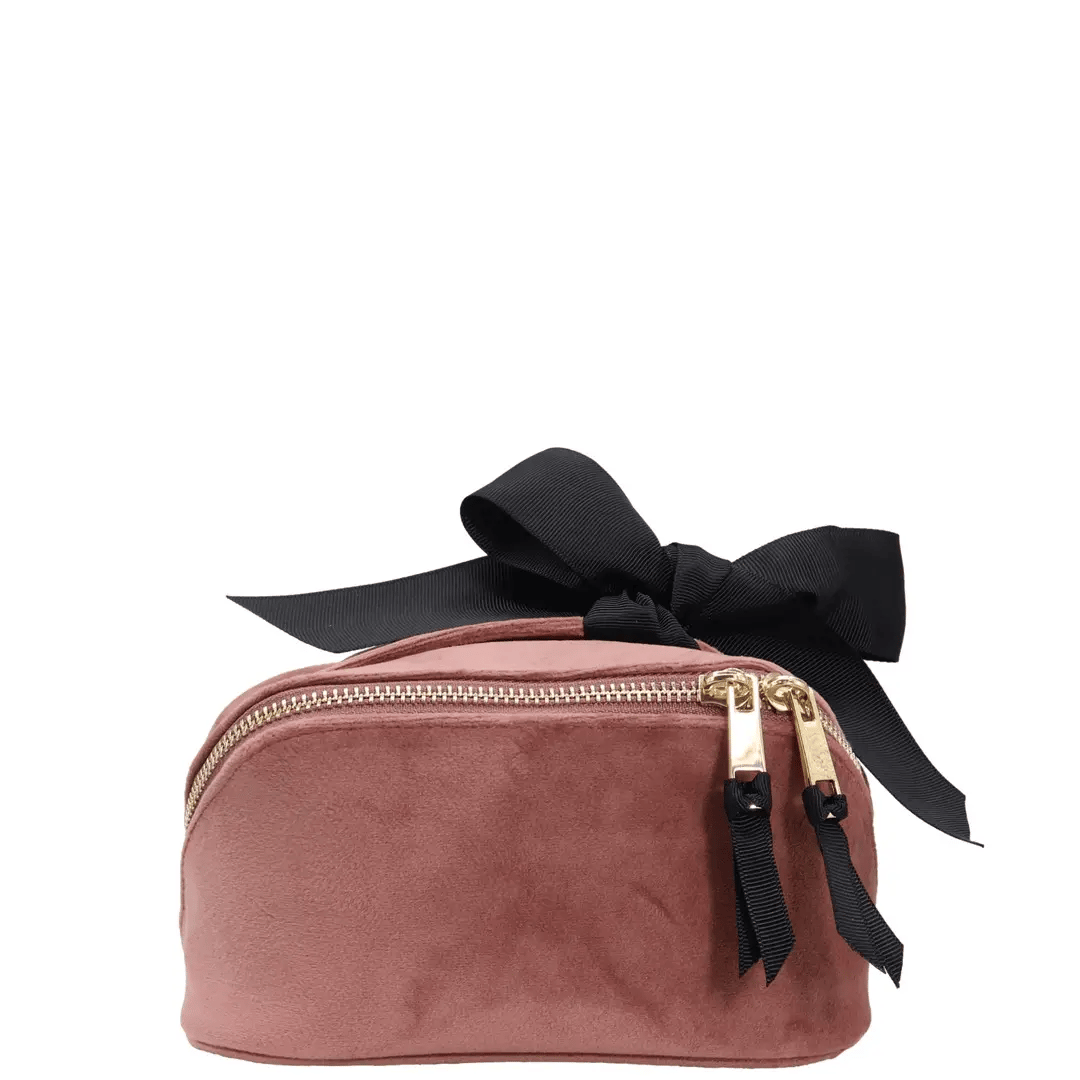 Petite Accordion Makeup Case – Eco Velvet – Blush Pink with soft velvet fabric, black grosgrain bow, gold zippers, perfect for personalized travel organization by Bag-all