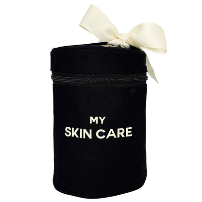 Bag-all Essential Gift Set Deal 3-Pack Black featuring Round My Skin Care Case, cotton organizer pouch with white text on black fabric, perfect for beauty storage and travel