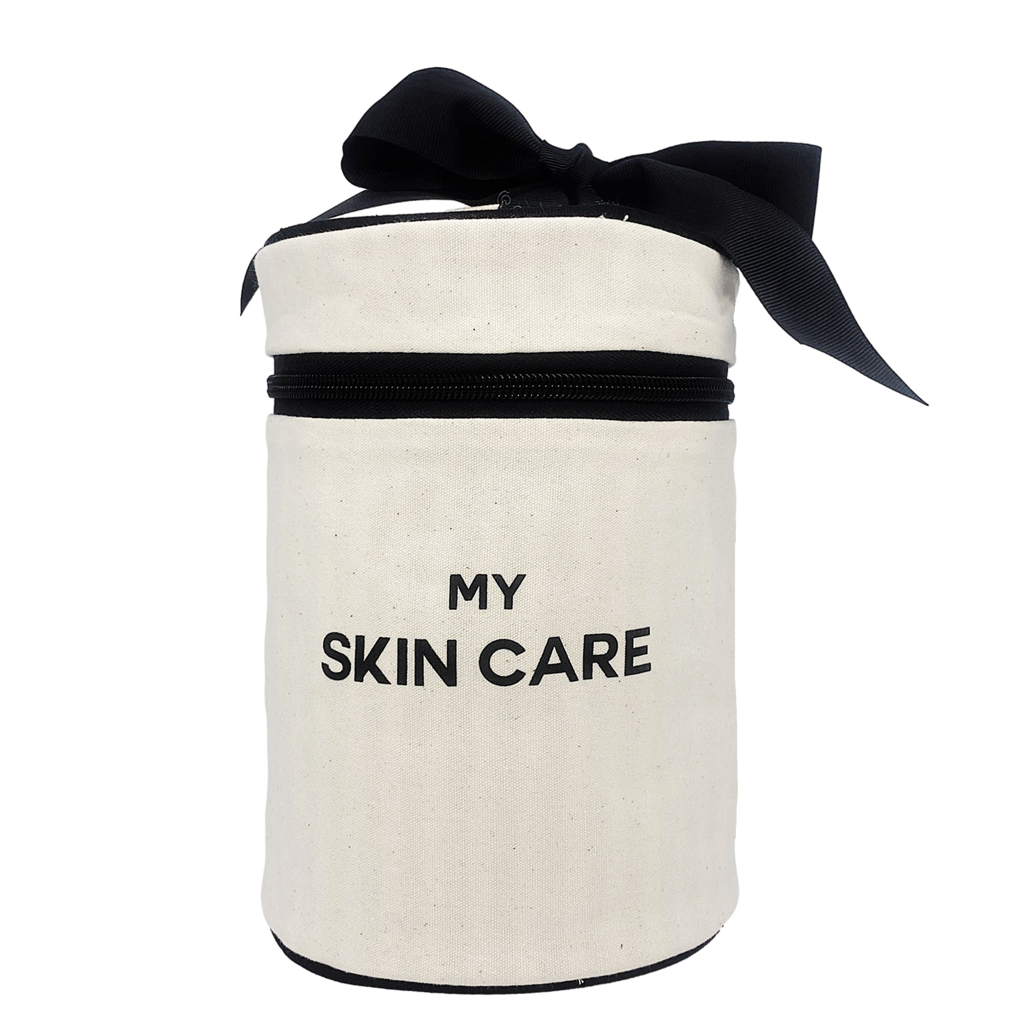 Bag-all Round Skin Care Case with Handle in cream canvas featuring black bow, zipper closure and My Skin Care text print - stylish beauty storage solution