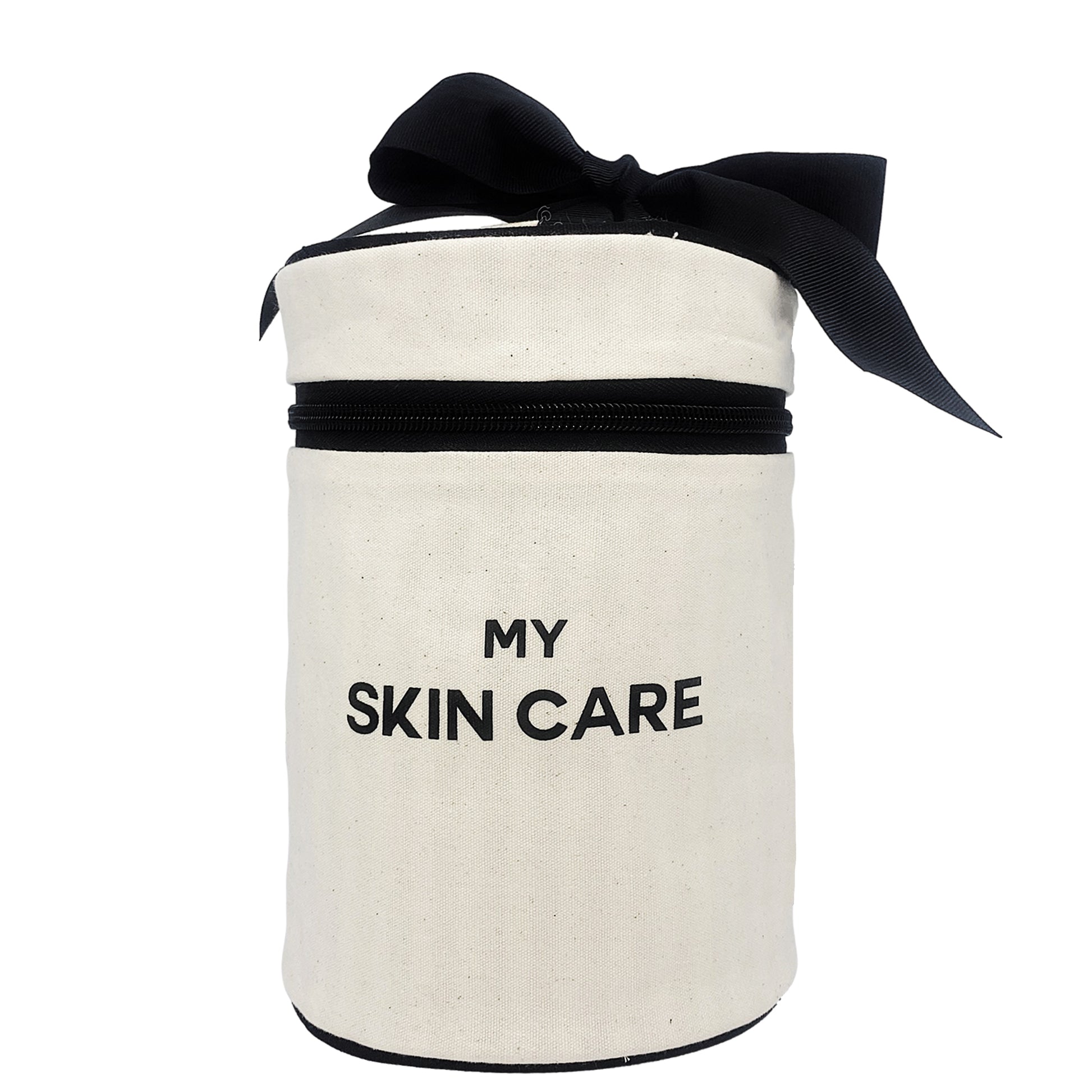 Bag-all Essential Gift Set Deal 3-Pack Cream featuring round cotton skincare case with black zipper detail and bold "MY SKIN CARE" text, perfect for beauty organization