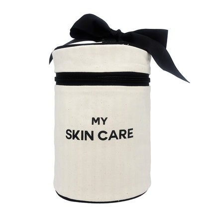 Bag-all Essential Gift Set Deal 3-Pack Cream featuring round cotton skincare case with black zipper detail and bold "MY SKIN CARE" text, perfect for beauty organization