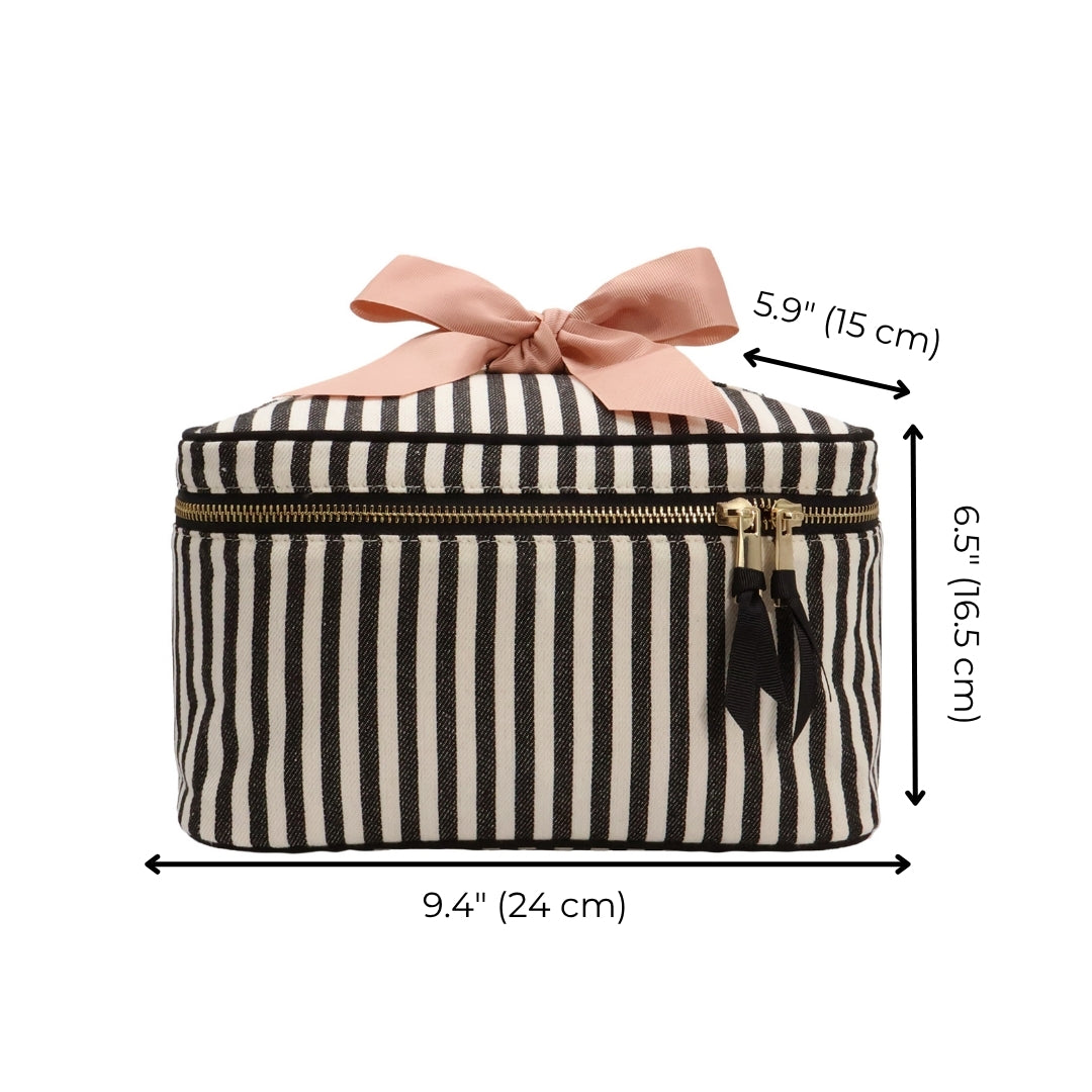Medium Box Makeup & Toiletry with Insert Organizer – Striped, a Paris-designed Bag-all cotton travel pouch with gold zipper and pink ribbon for stylish organization.